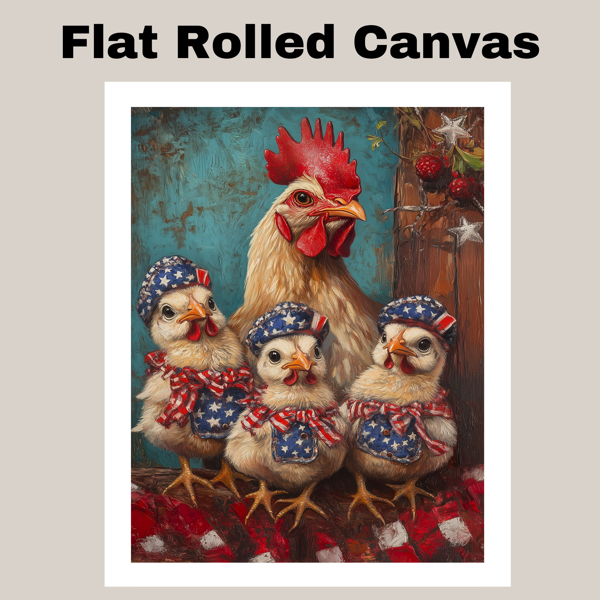Mother Hen and Chicks in Patriotic Hats Americana Farm Art