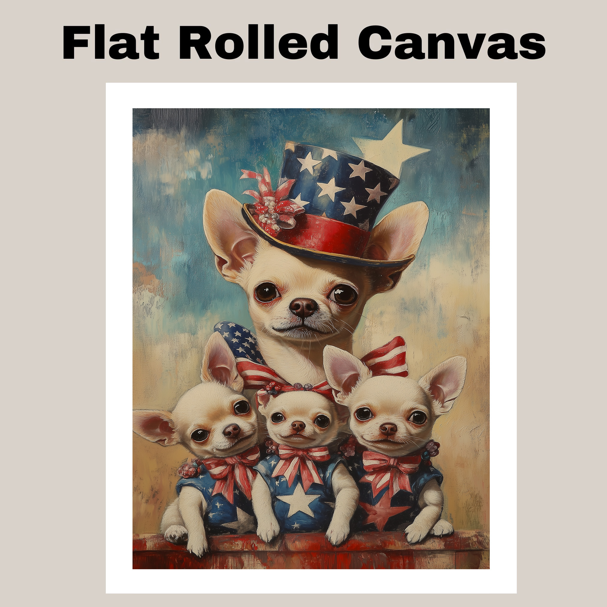 Patriotic Chihuahua Dog and Puppies Oil Painting Americana Art