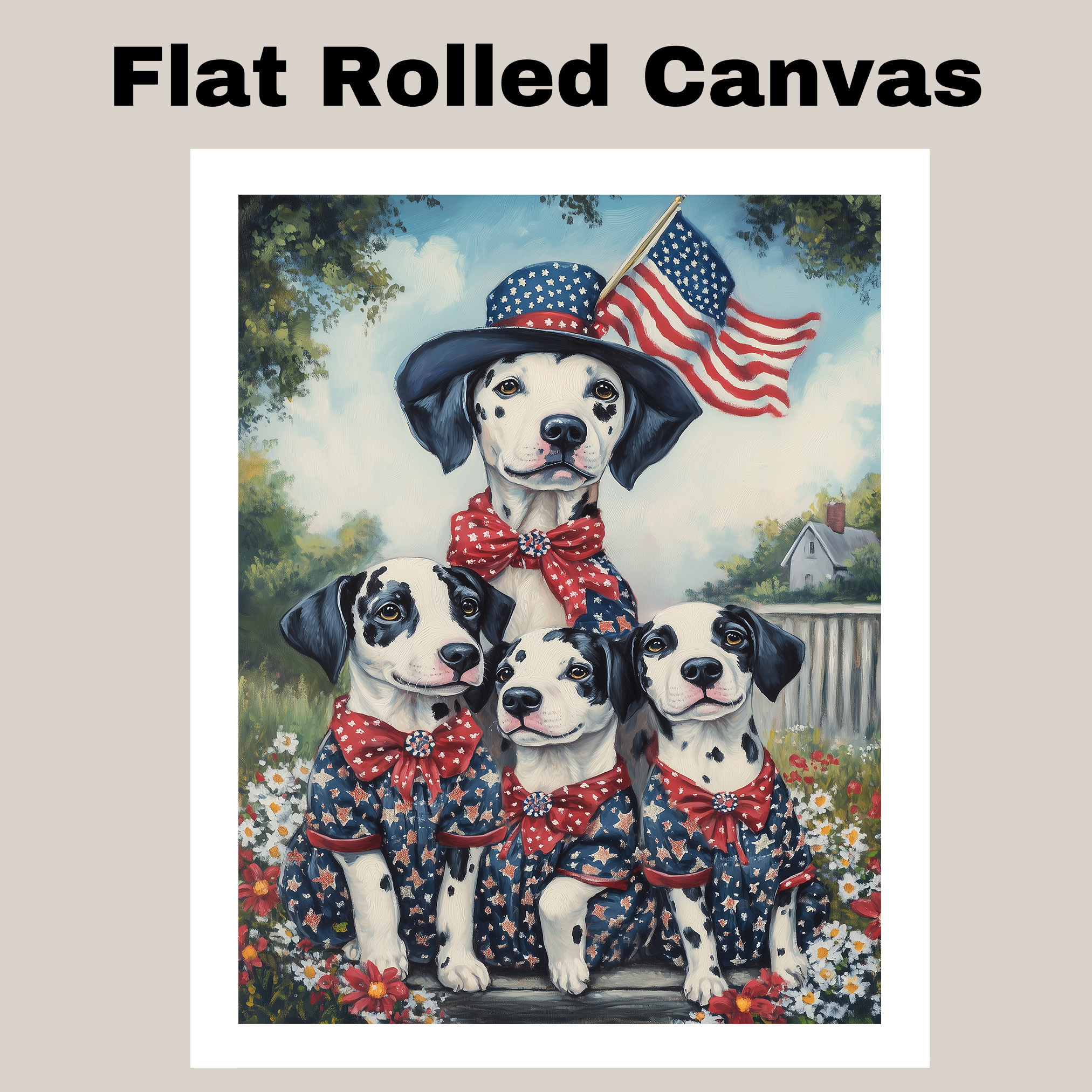 Dalmatian Mom and Three Puppies in Patriotic Stars and Flag Scene