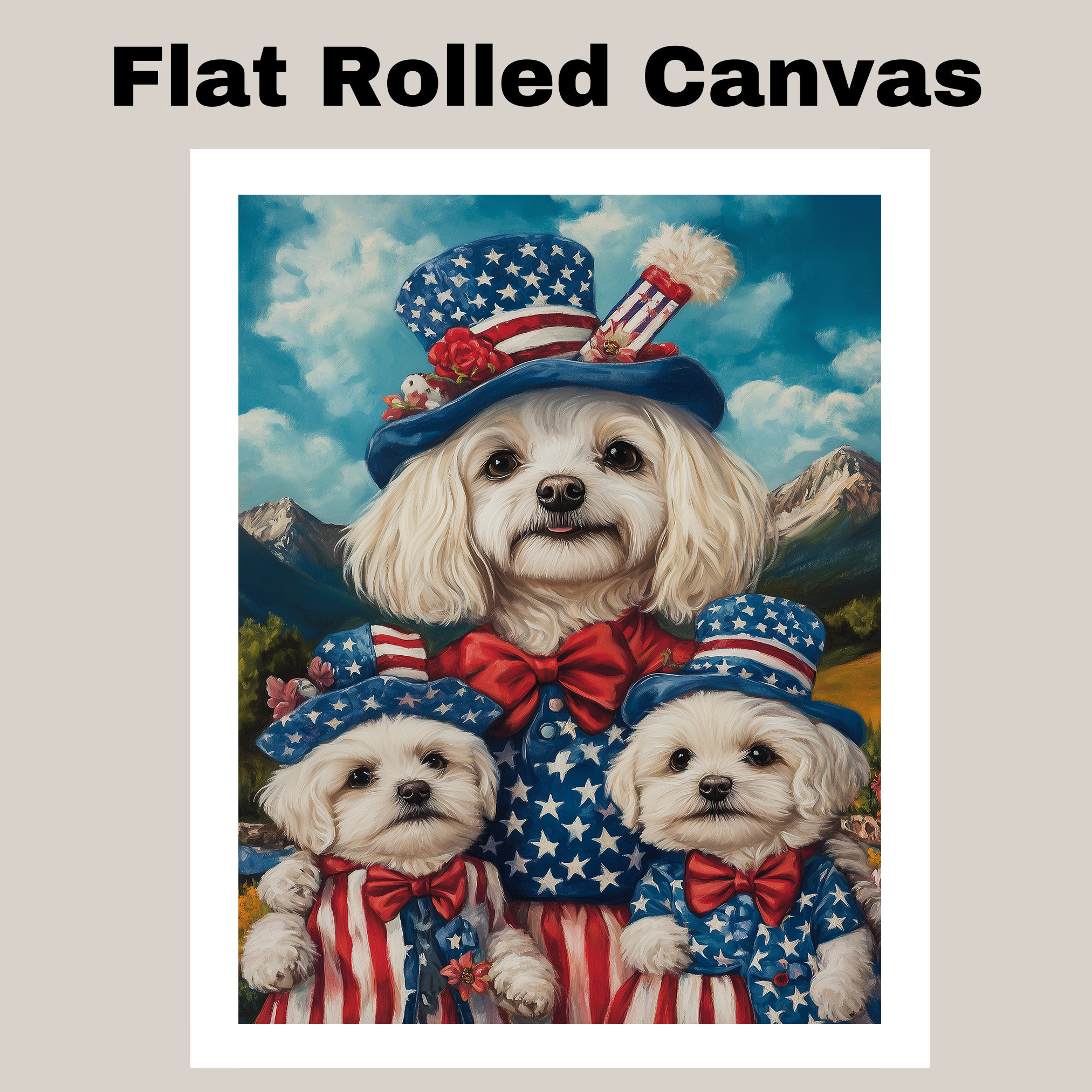 Maltese Dog Family Patriotic Canvas Art Red White and Blue Outfit Print