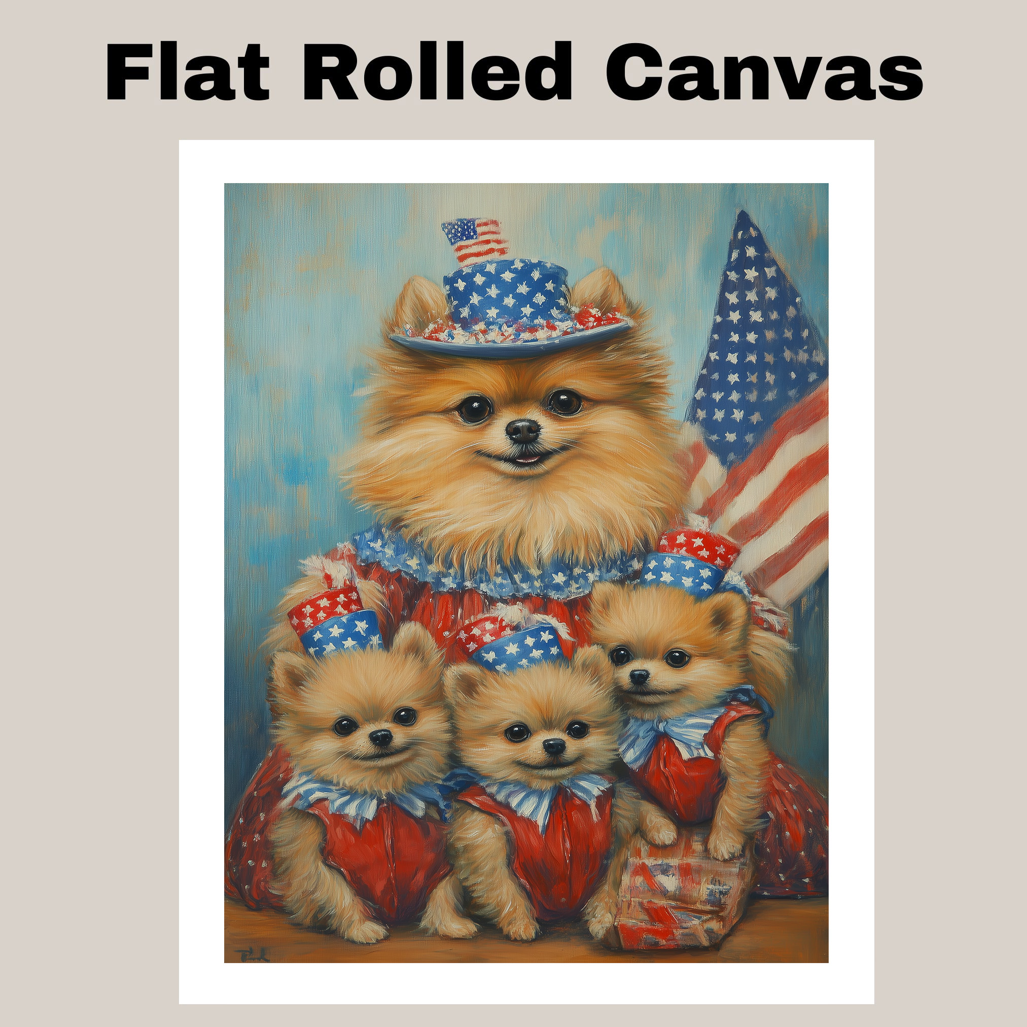 Patriotic Pomeranian Dog Family Canvas Wall Art July 4th Decor