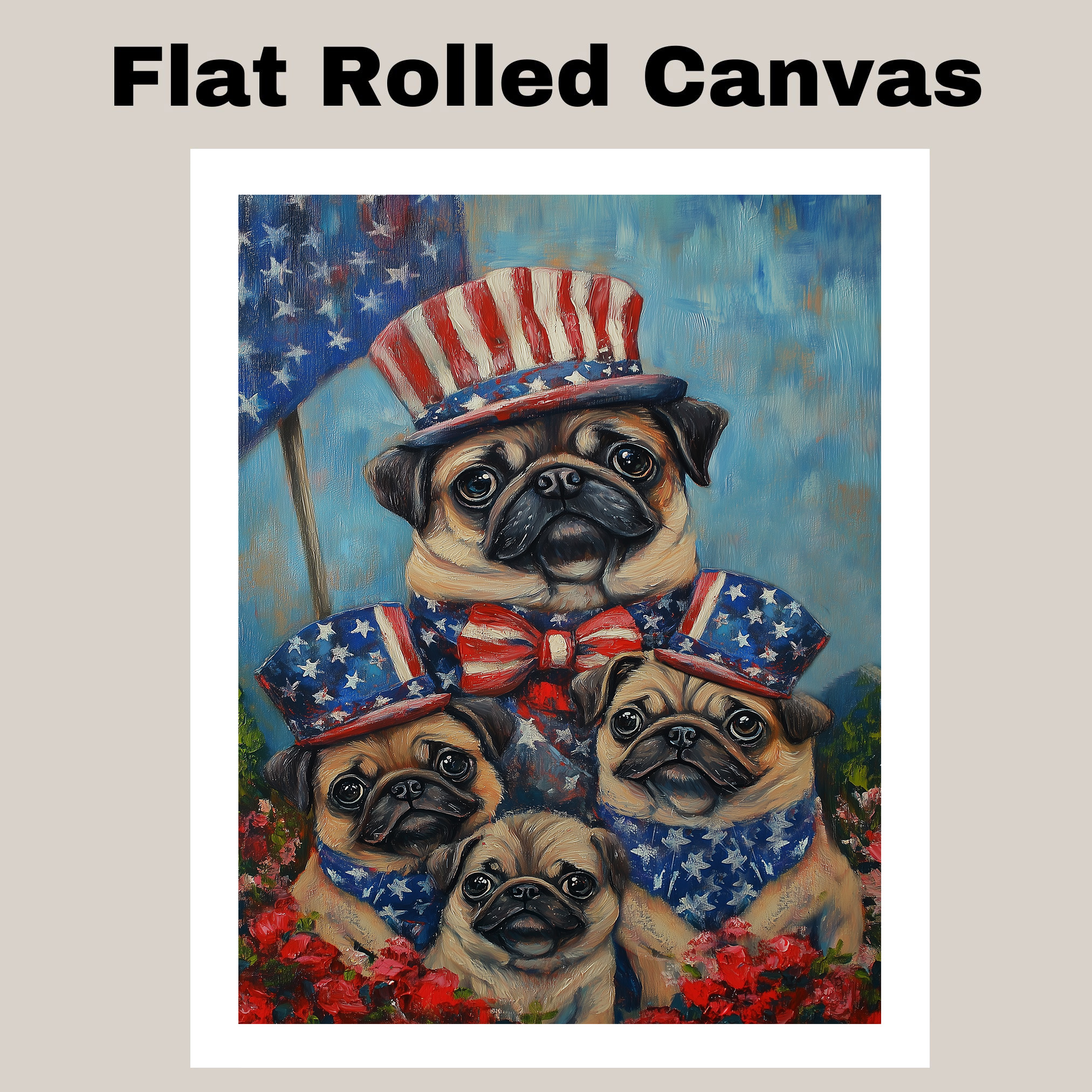 Patriotic Pug Dog Family Canvas Wall Art Fourth of July Painting