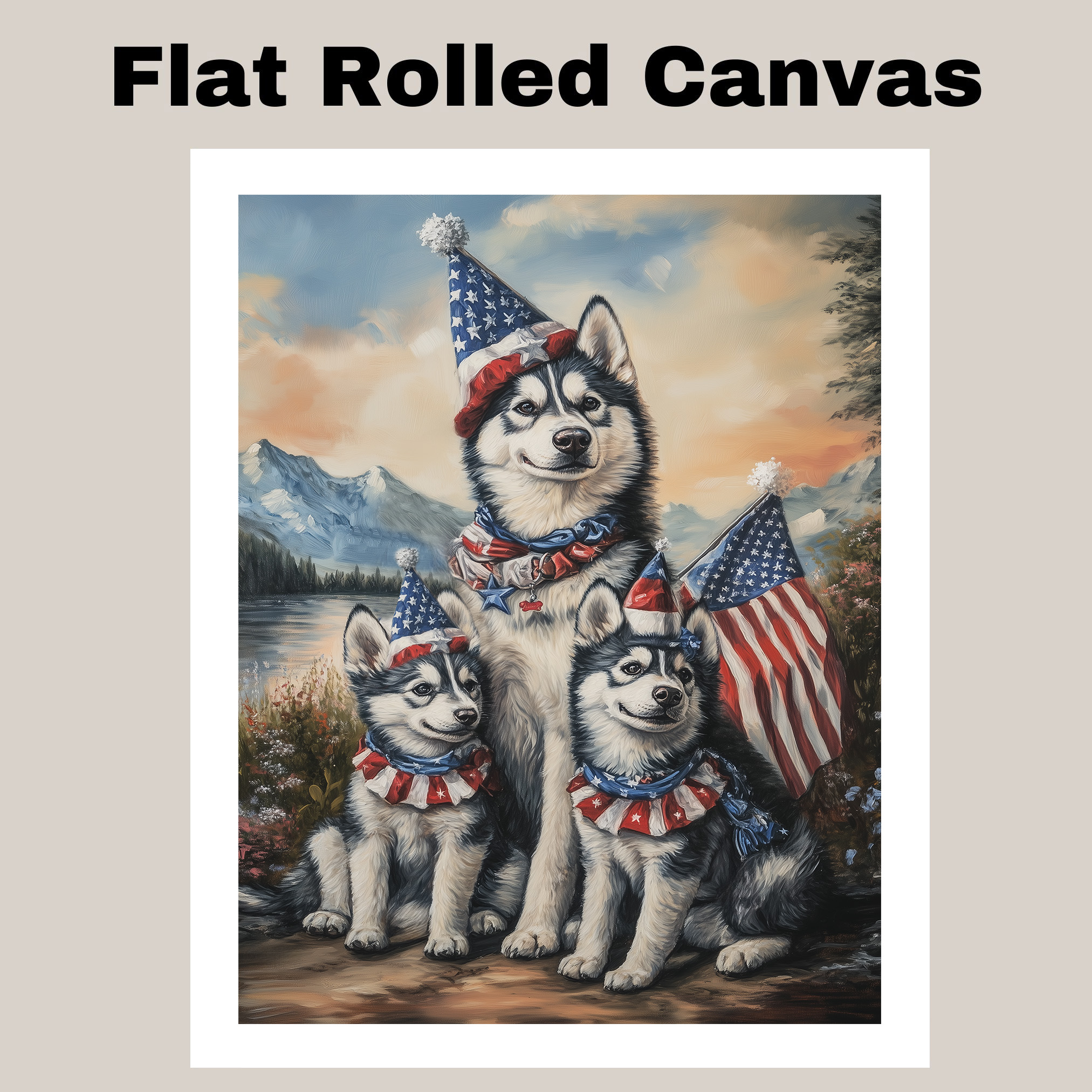 Patriotic Siberian Husky Dog Family Canvas Wall Art for July 4th