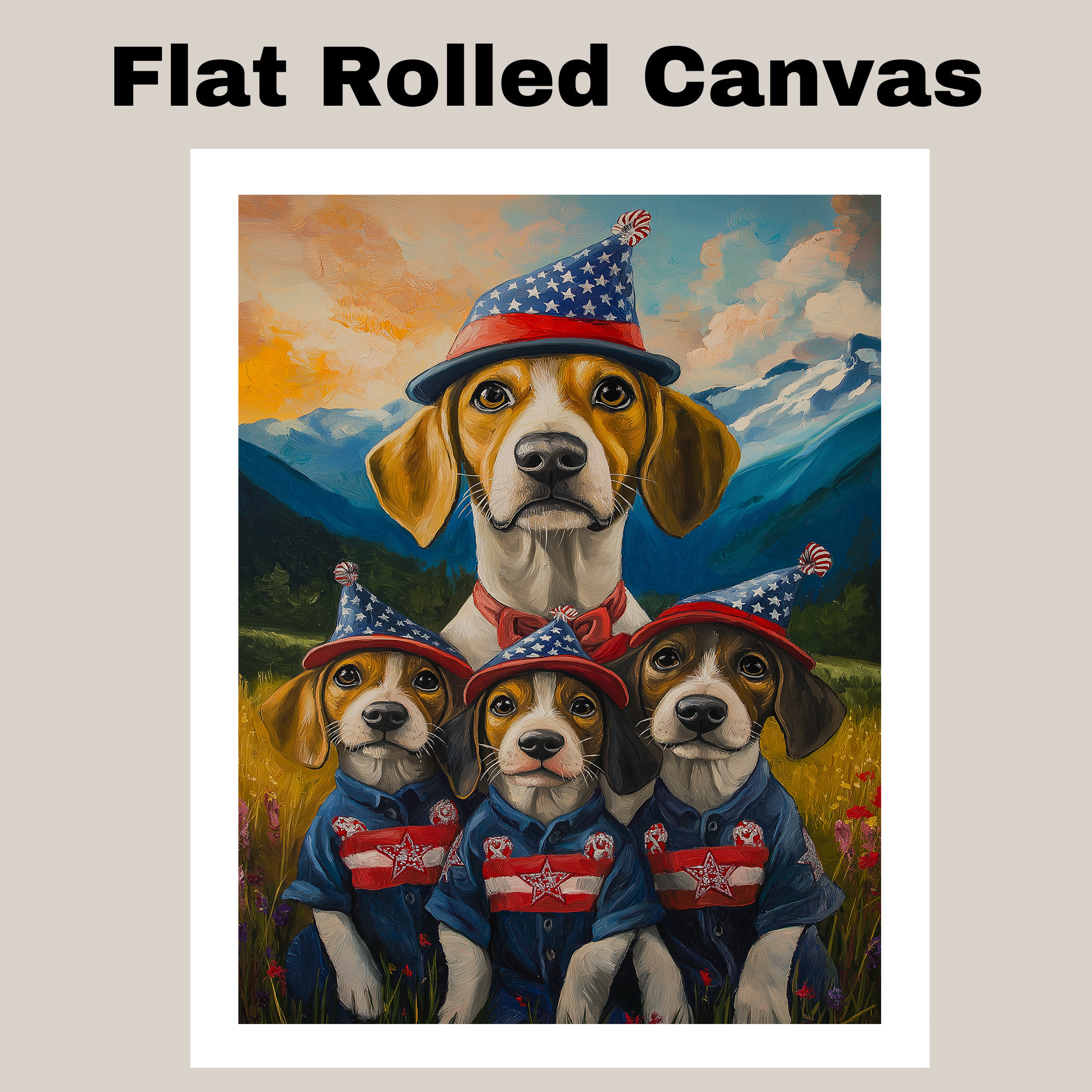 Patriotic Treeing Walker Dog Family Canvas Wall Art for July 4th