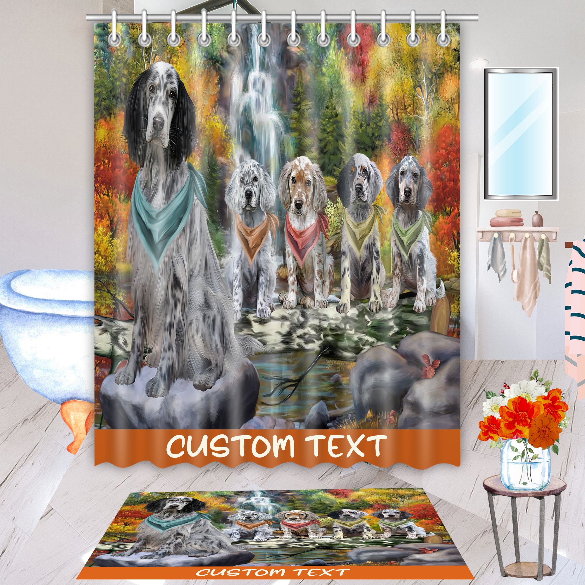 English Setter Dog Bath Mat & Shower Curtain Set Christmas Personalized NWT