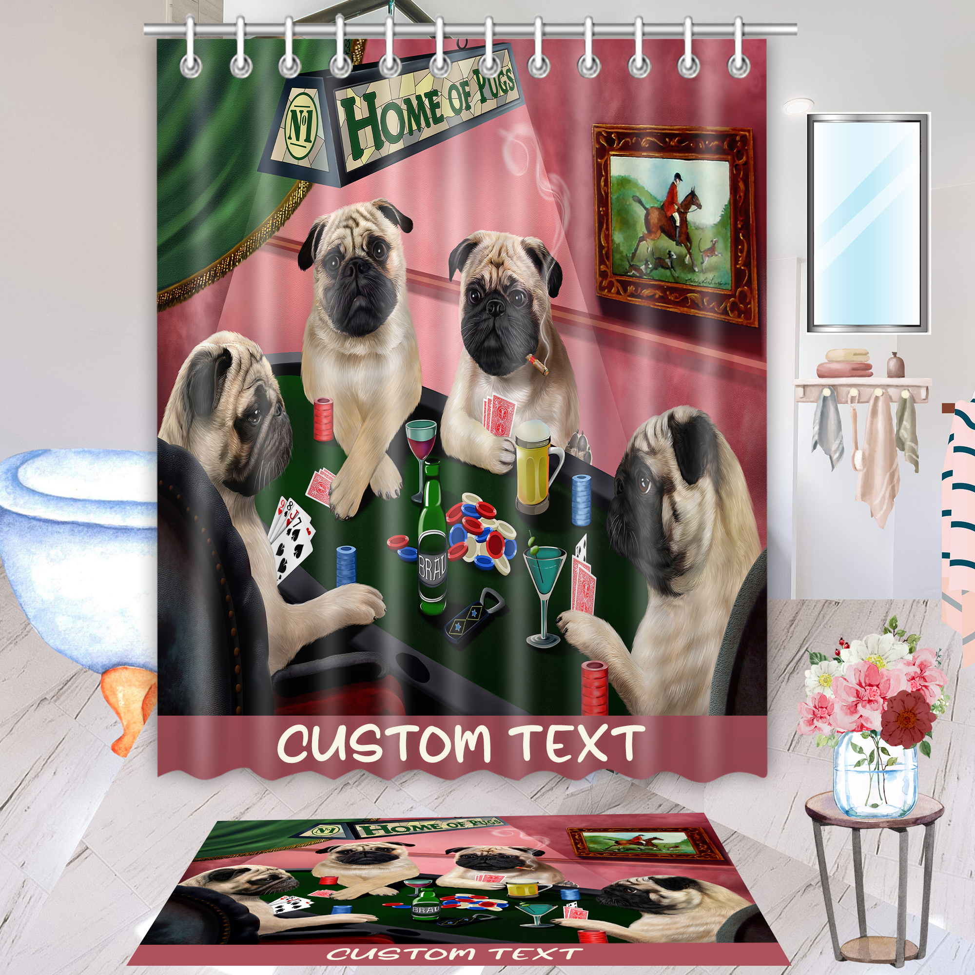 Pug Dog Bath Mat & Shower Curtain Set Christmas Personalized Many Designs NWT