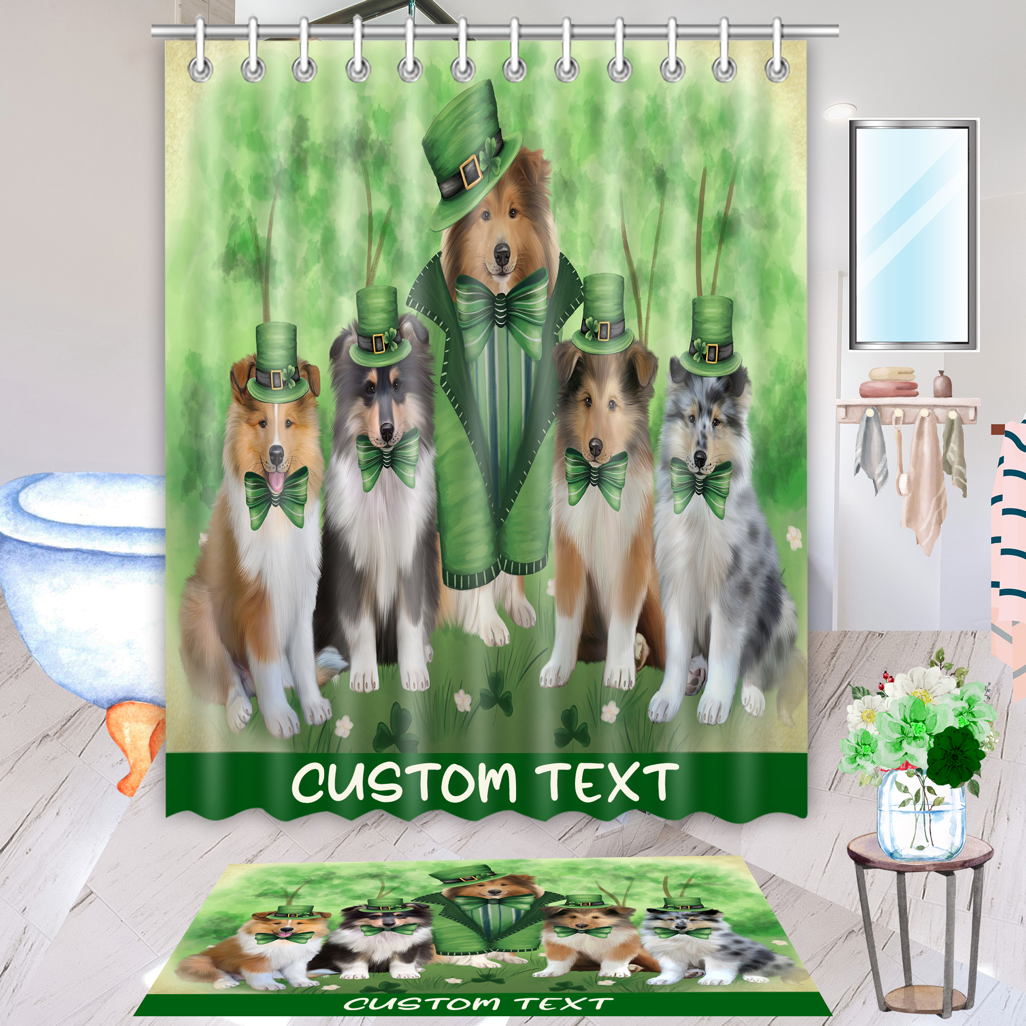 Rough Collie Hundematte & Duschvorhang Set Weihnachten personalisiertes Design neu mit Etikett - Bild 1 von 18