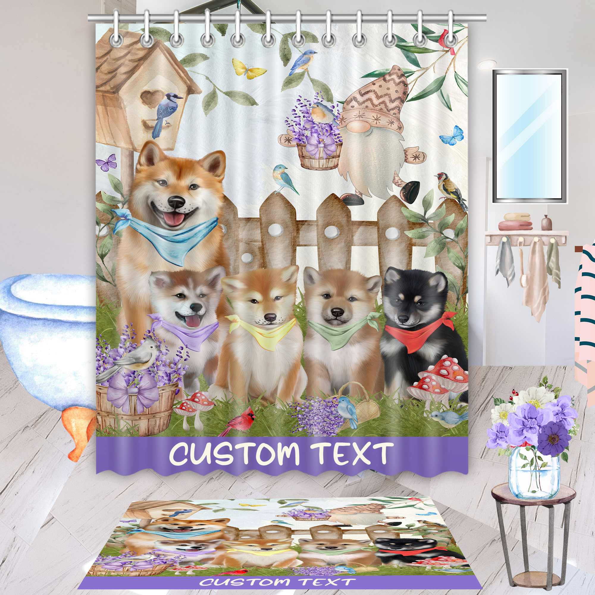 Shiba Inu Dog Bath Mat & Shower Curtain Set Christmas Personalized Designs NWT