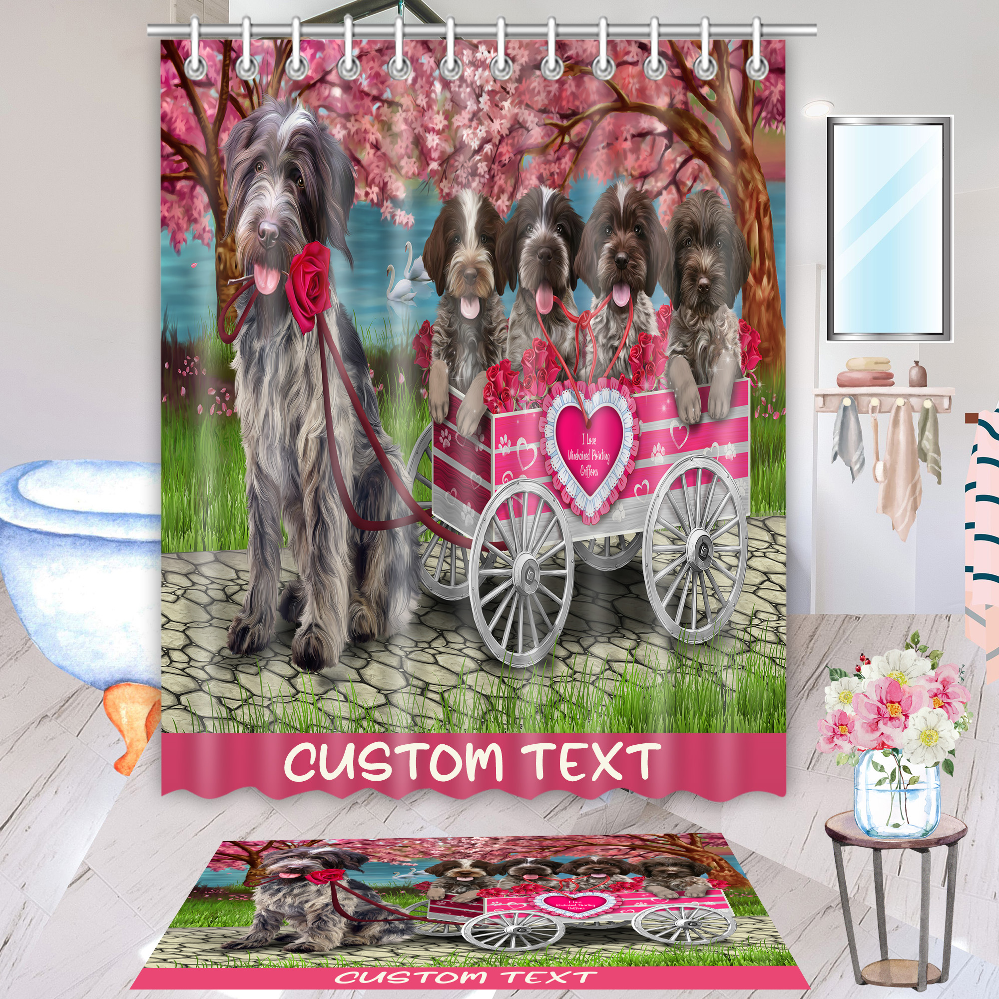 Wirehaired Pointing Griffon Dog Bath Mat & Shower Curtain Christmas Custom NWT