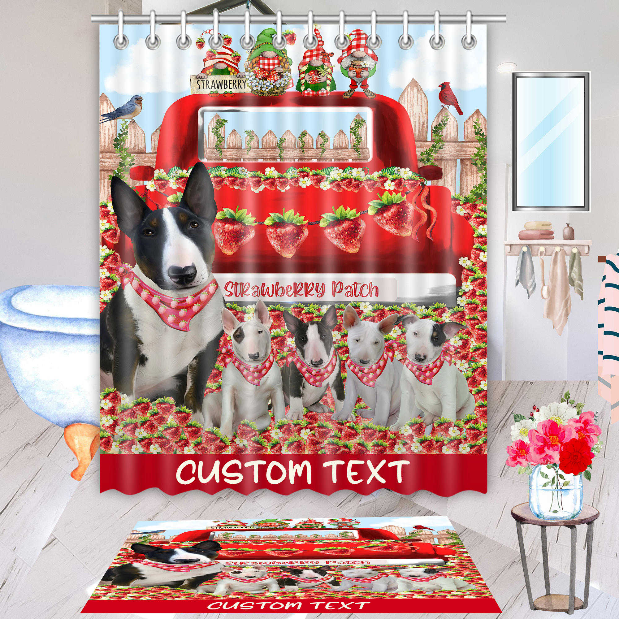 Bull Terrier Dog Bath Mat & Shower Curtain Set Christmas Personalized Design NWT