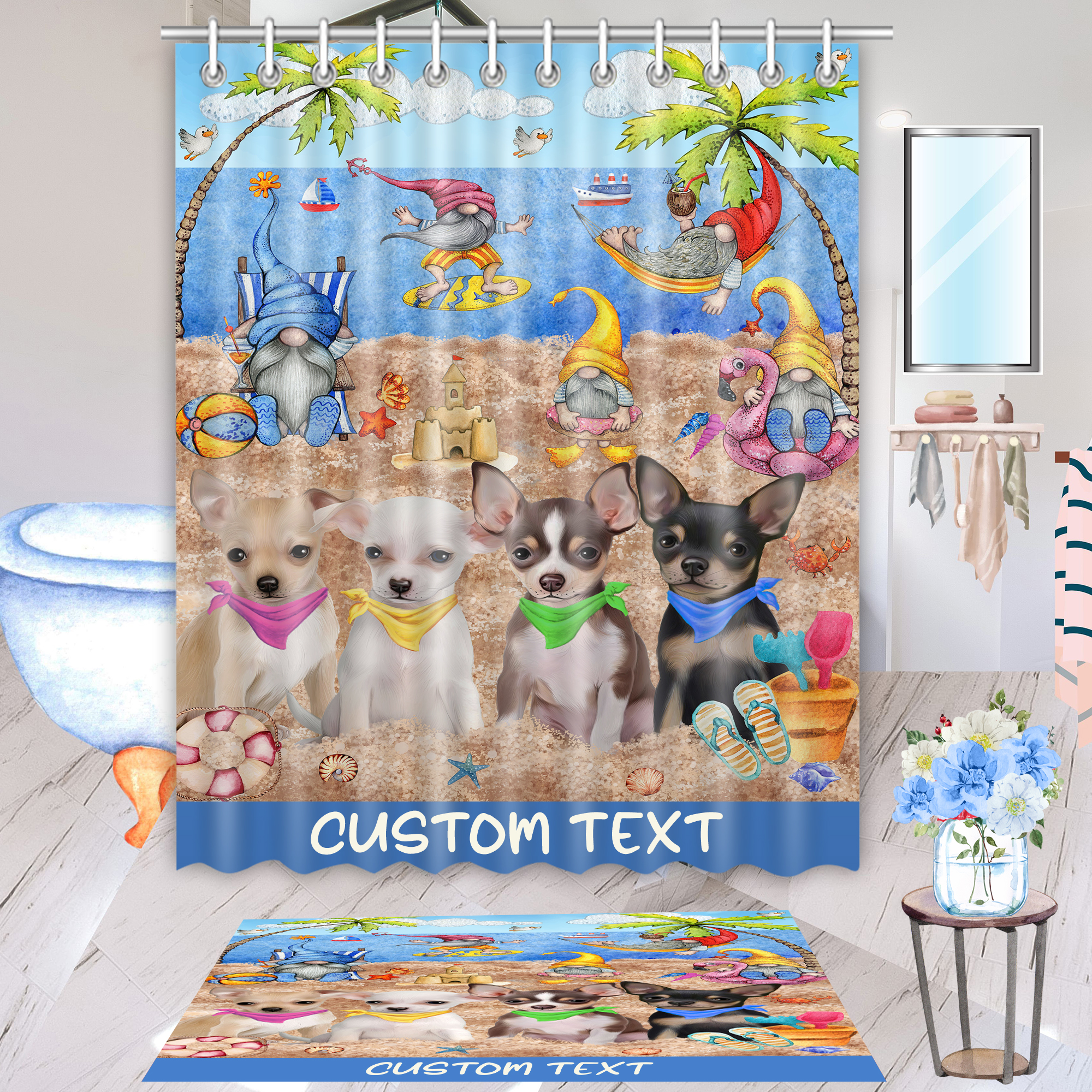 Chihuahua Dog Bath Mat & Shower Curtain Set Christmas Personalized Designs NWT