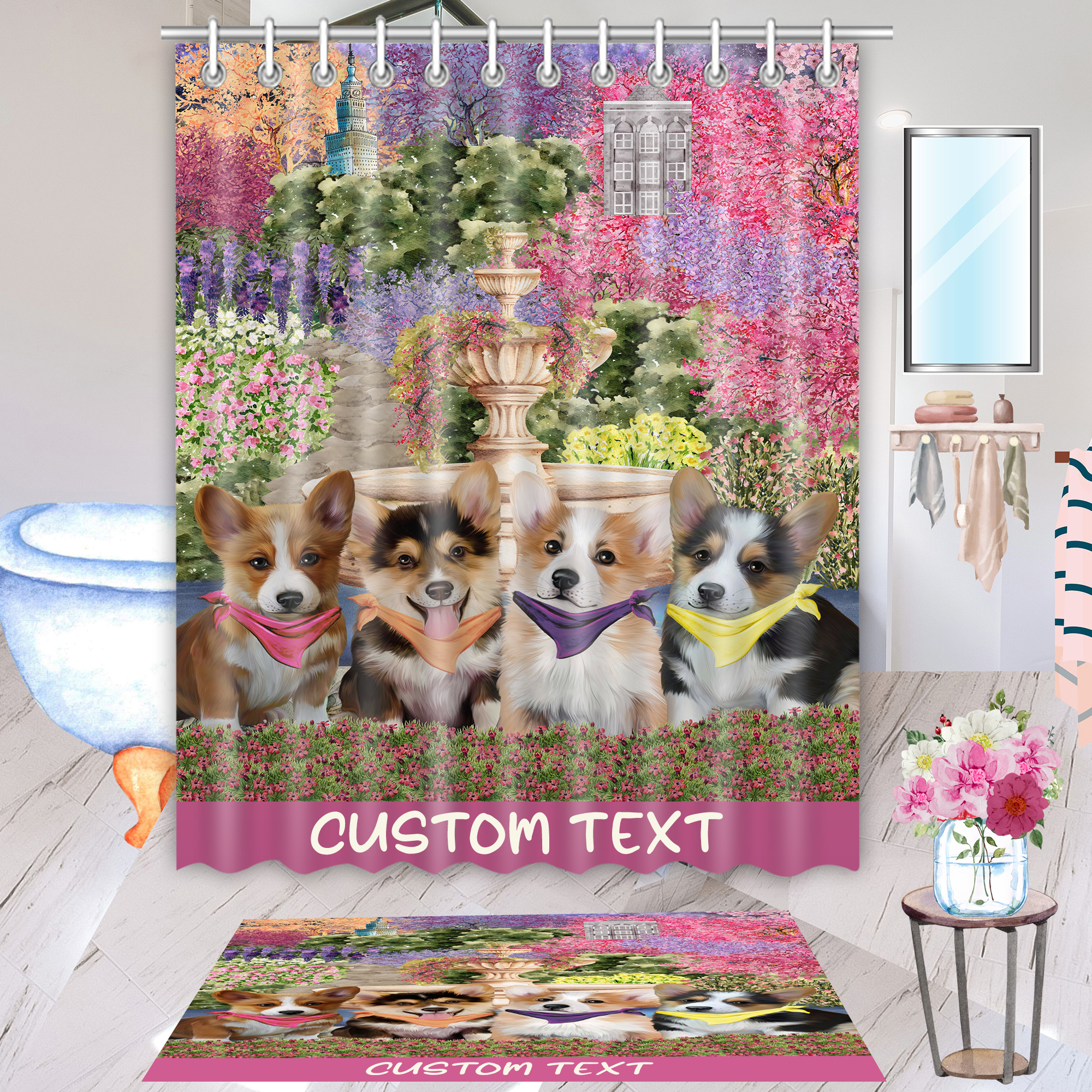 Corgi Dog Bath Mat & Shower Curtain Set Christmas Personalized Many Designs NWT - Picture 1 of 24