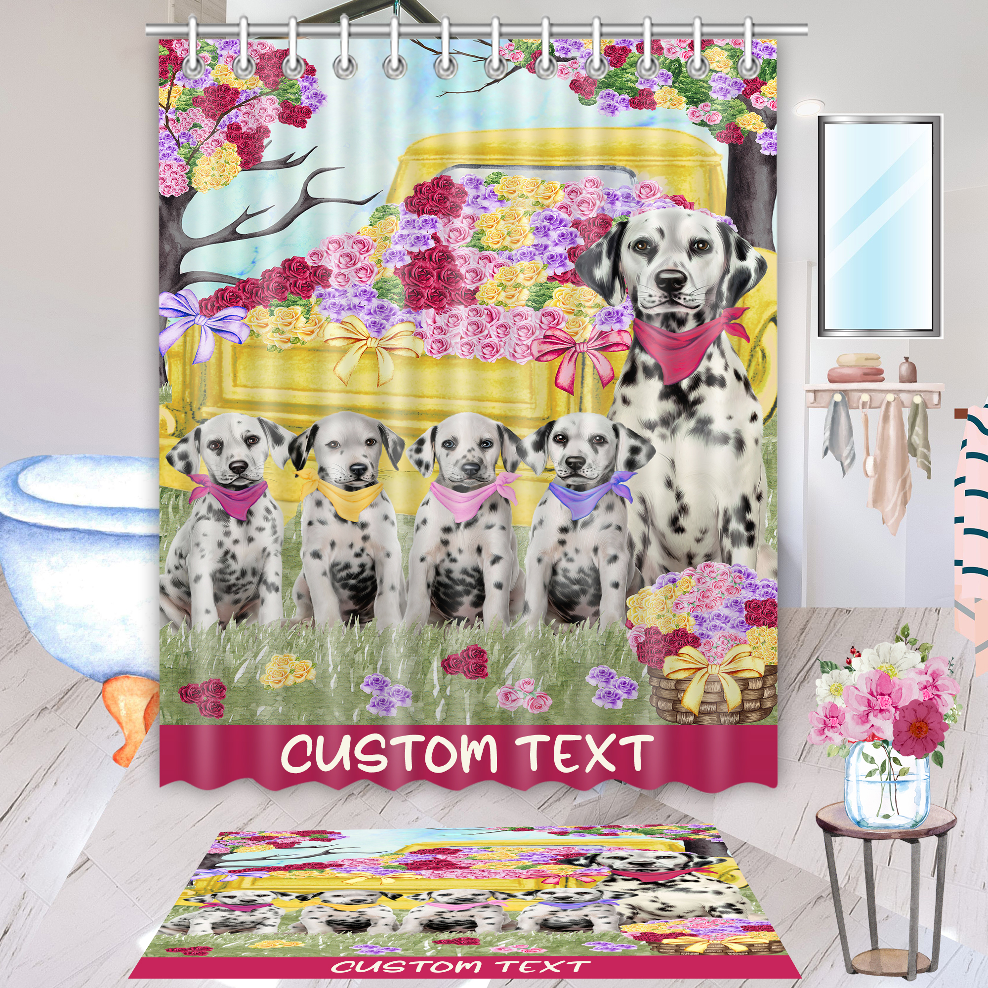 Dalmatian Dog Bath Mat & Shower Curtain Set Christmas Personalized Designs NWT - Picture 1 of 24