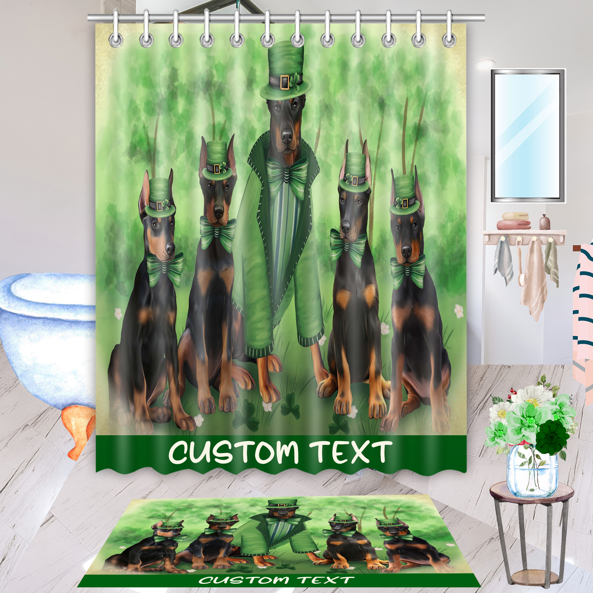 Doberman Dog Bath Mat & Shower Curtain Set Christmas Personalized Designs NWT - Picture 1 of 24