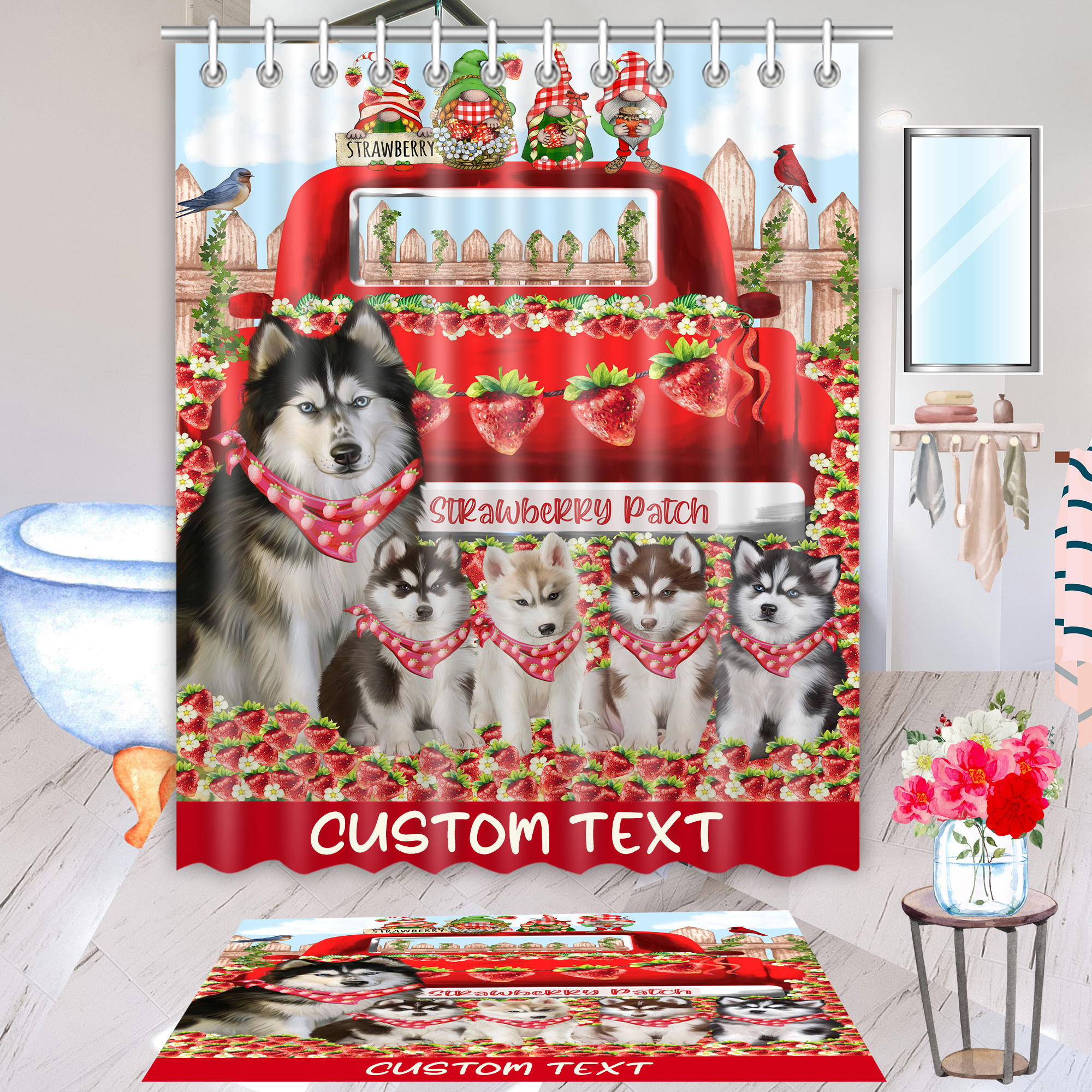 Siberian Husky Dog Bath Mat & Shower Curtain Set Christmas Personalized NWT