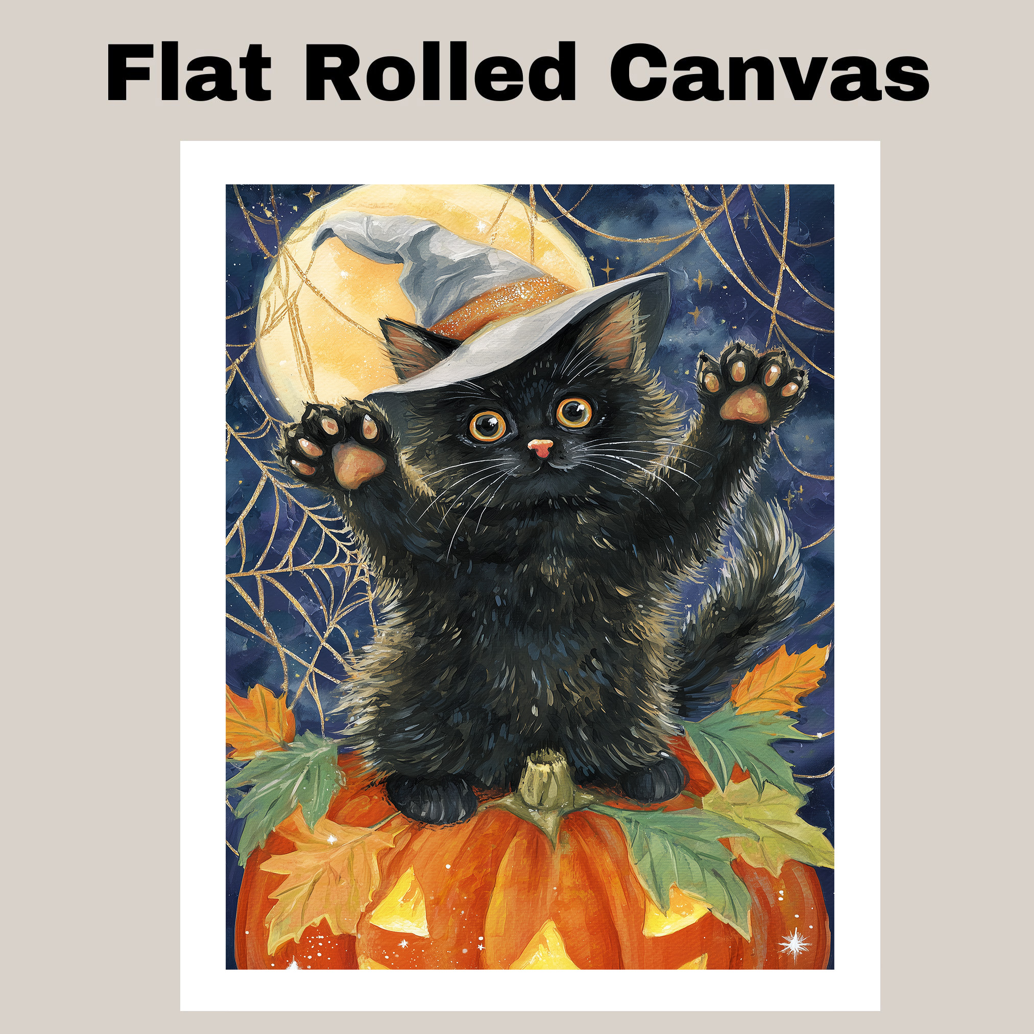 Black Cat Canvas Art Witch Hat Kitten Print Spooky Fall Decoration for Bathroom