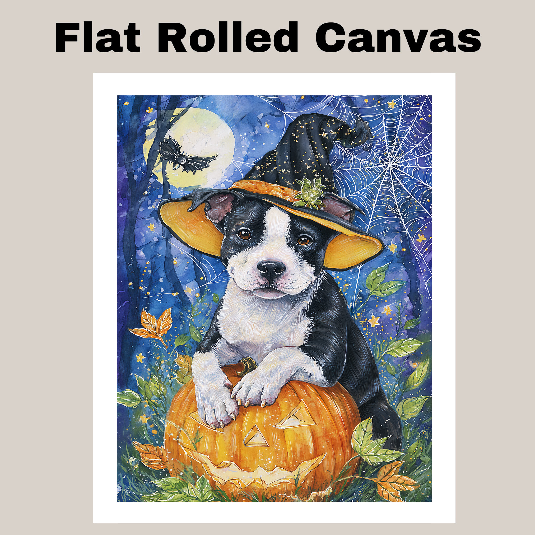 Halloween Pitbull Dog Canvas Wall Art Witch Hat and Pumpkin Decor for Dog Lovers