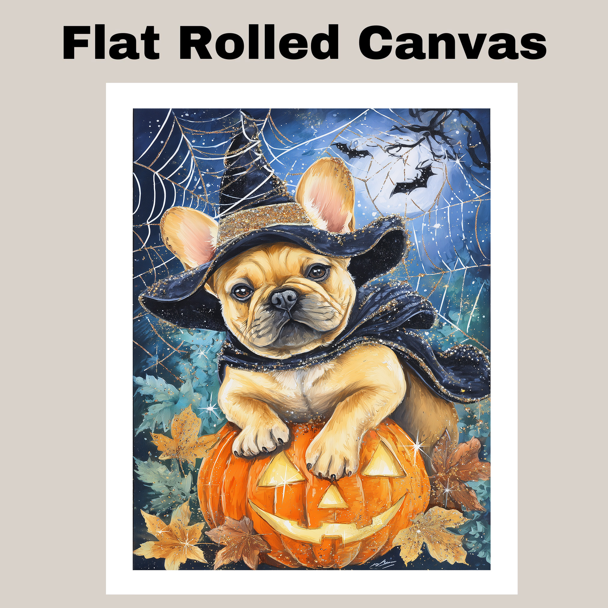 French Bulldog Canvas Art for Room Wall Decor Spooky Forest Witch Pumpkin Poster
