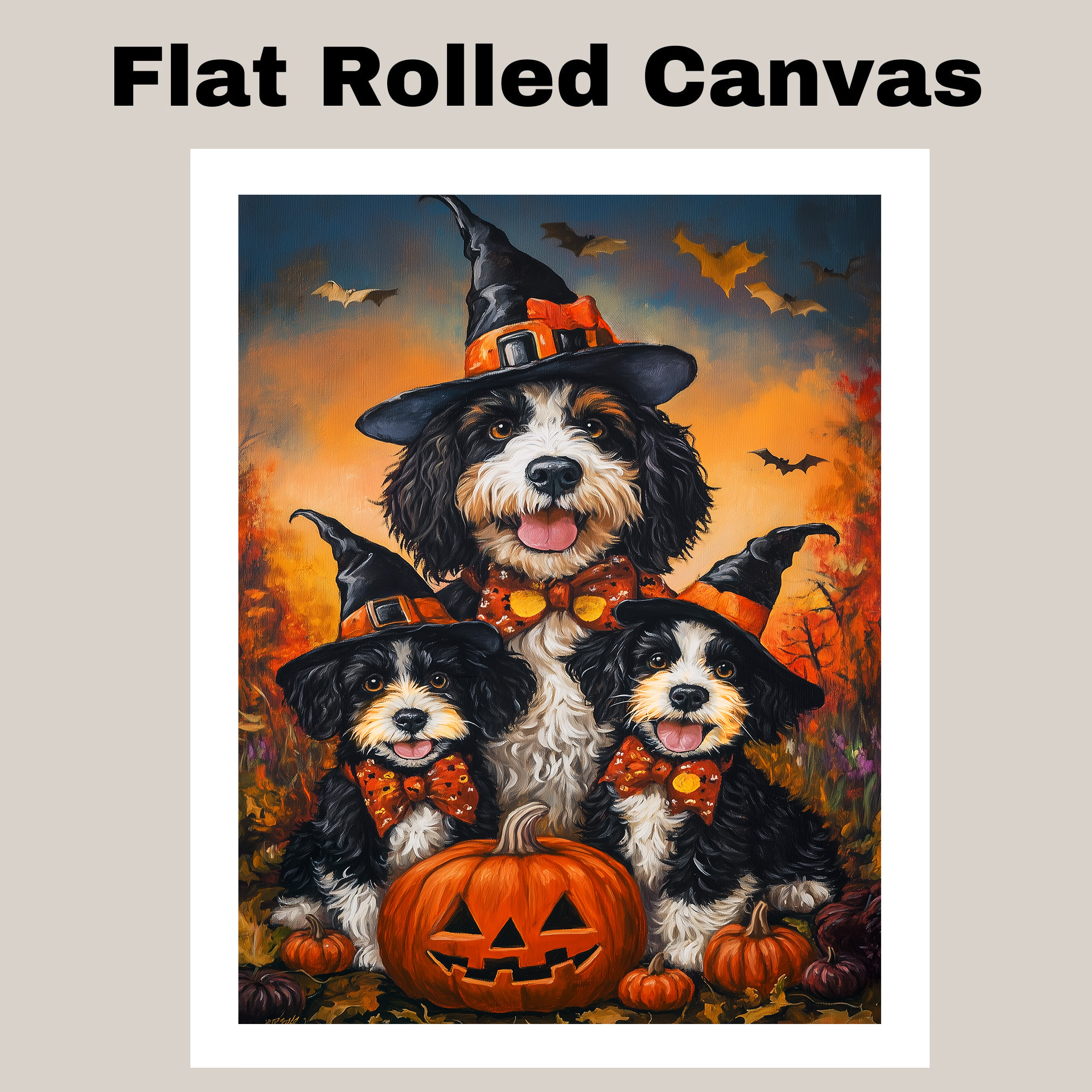 Halloween Bernedoodle Dog Canvas Wall Art Rustic Autumn Thanksgiving Decor Gifts