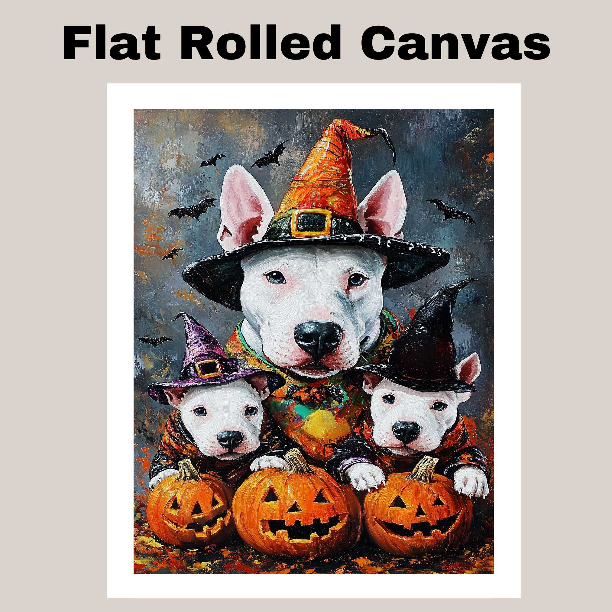 Bull Terrier Dog Canvas Art Rustic Witch Hat Halloween Costume Pet Wall Decor