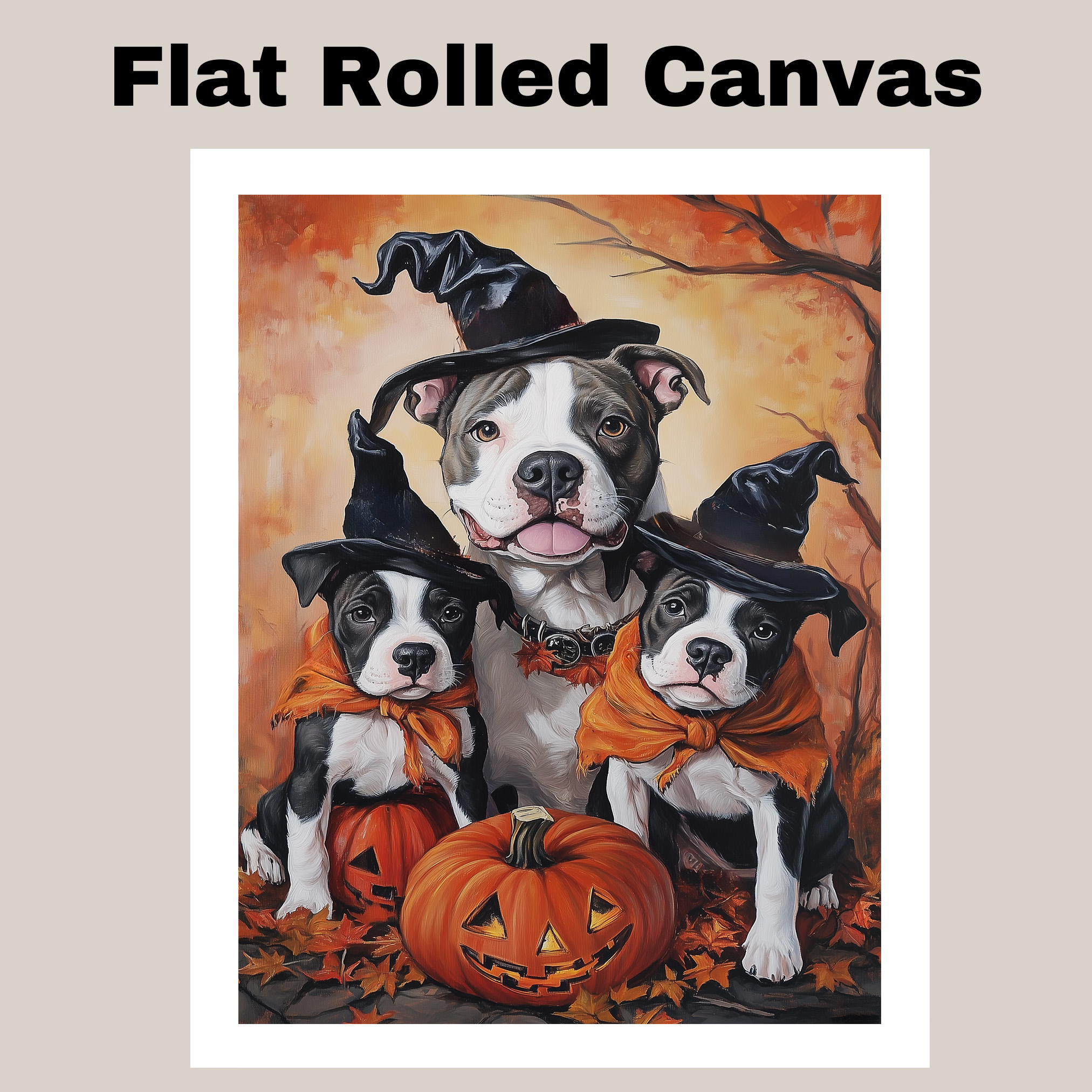 Pitbull Dog Fall Halloween Canvas Art Pumpkins Rustic Farmhouse Witchy Decor