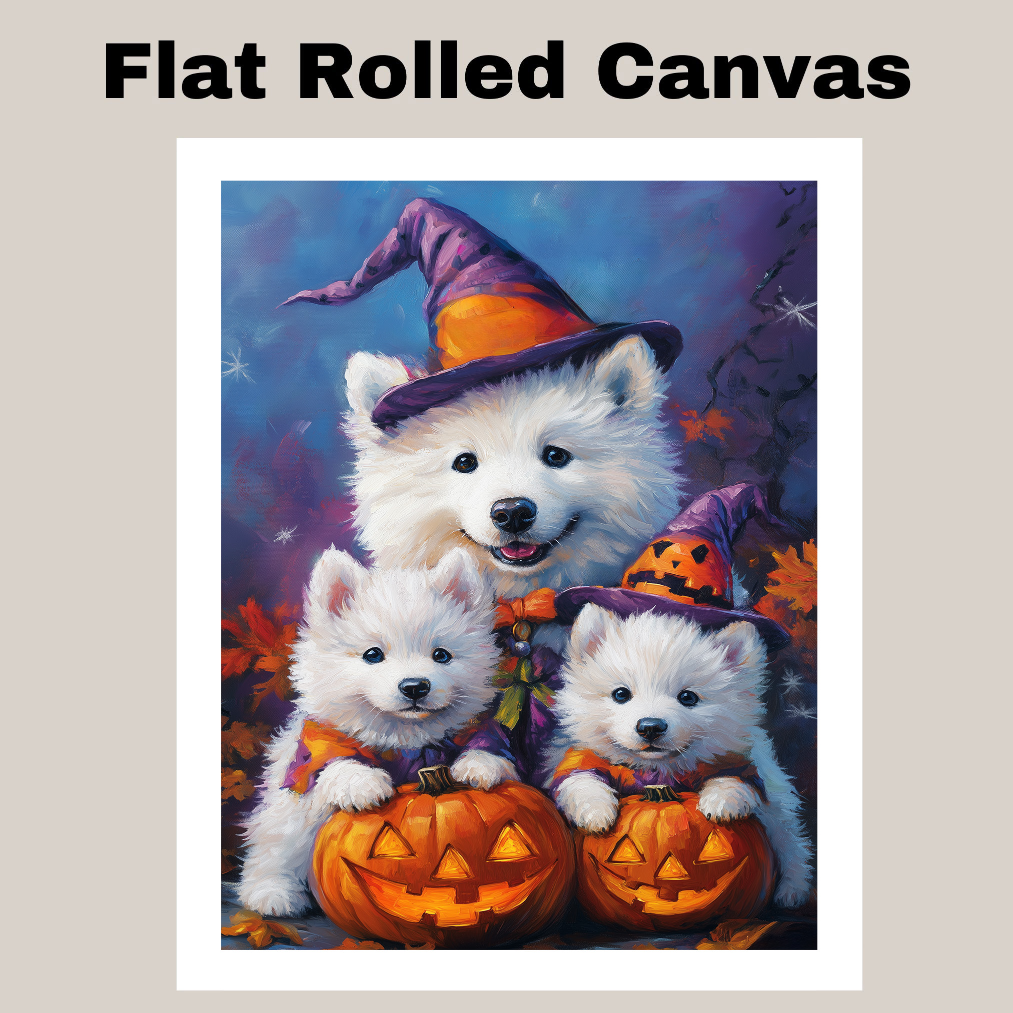 Samoyed Dog Fall Halloween Canvas Pumpkins Rustic Witch Hat Pet Art Wall Decor