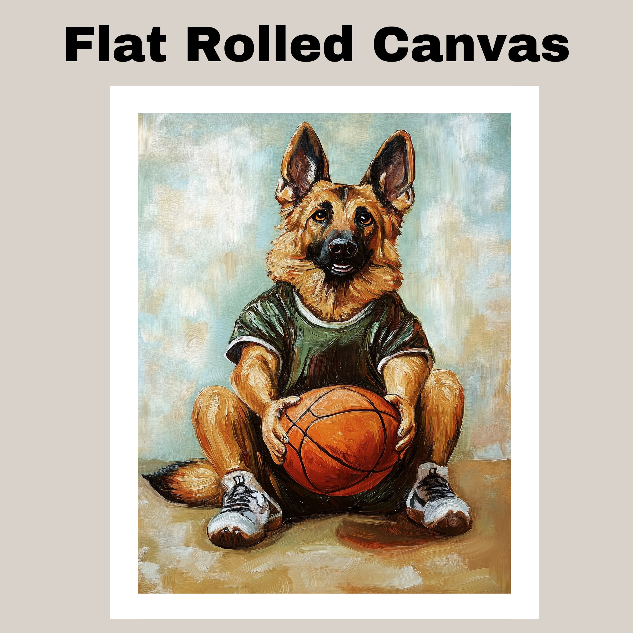 German Shepherd Puppy Basketball Wall Art Sports Decor Canvas Framed Gym Gift