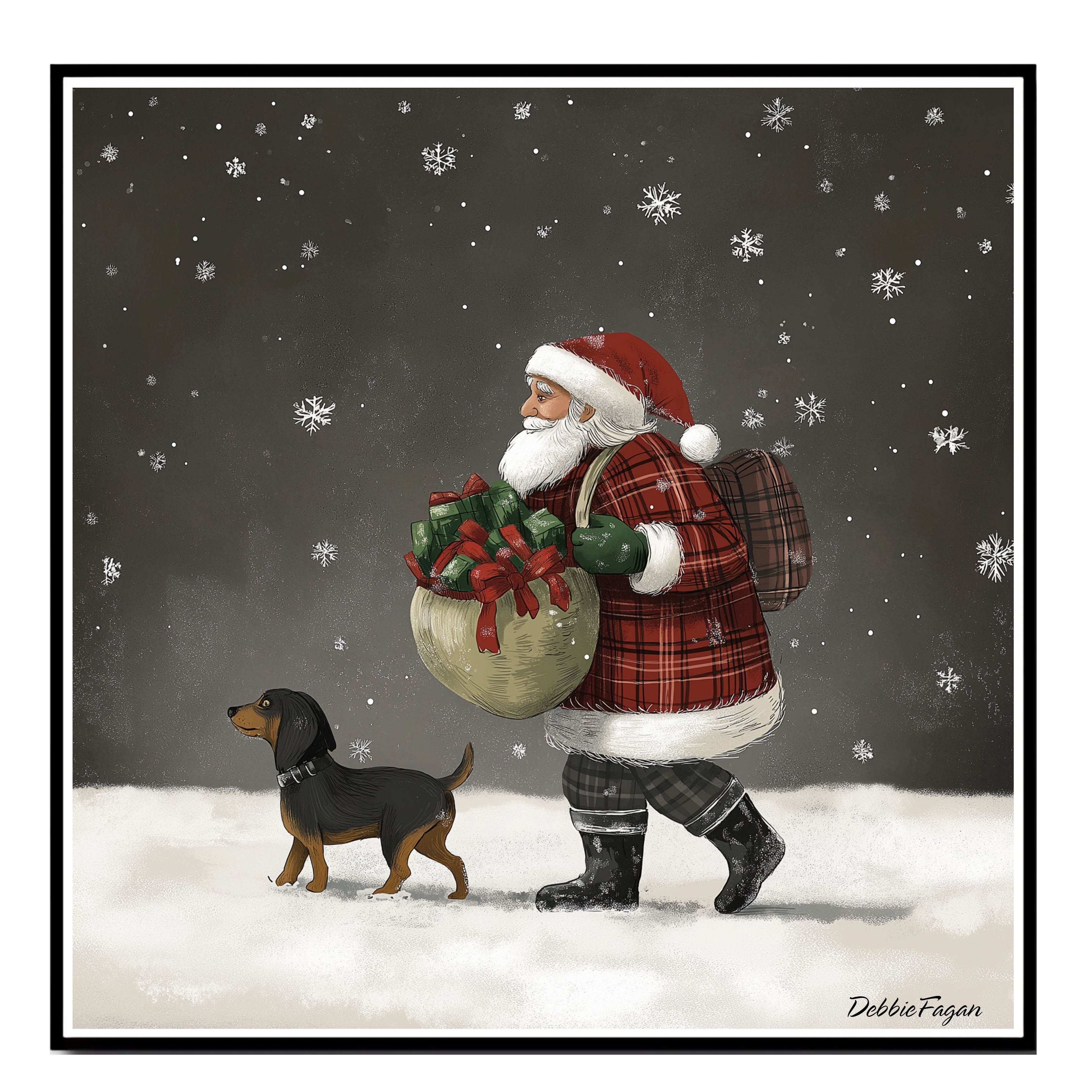 Santa�s Sidekick Walking in the Snow Flat Rolled, Framed or Wrapped Canvas