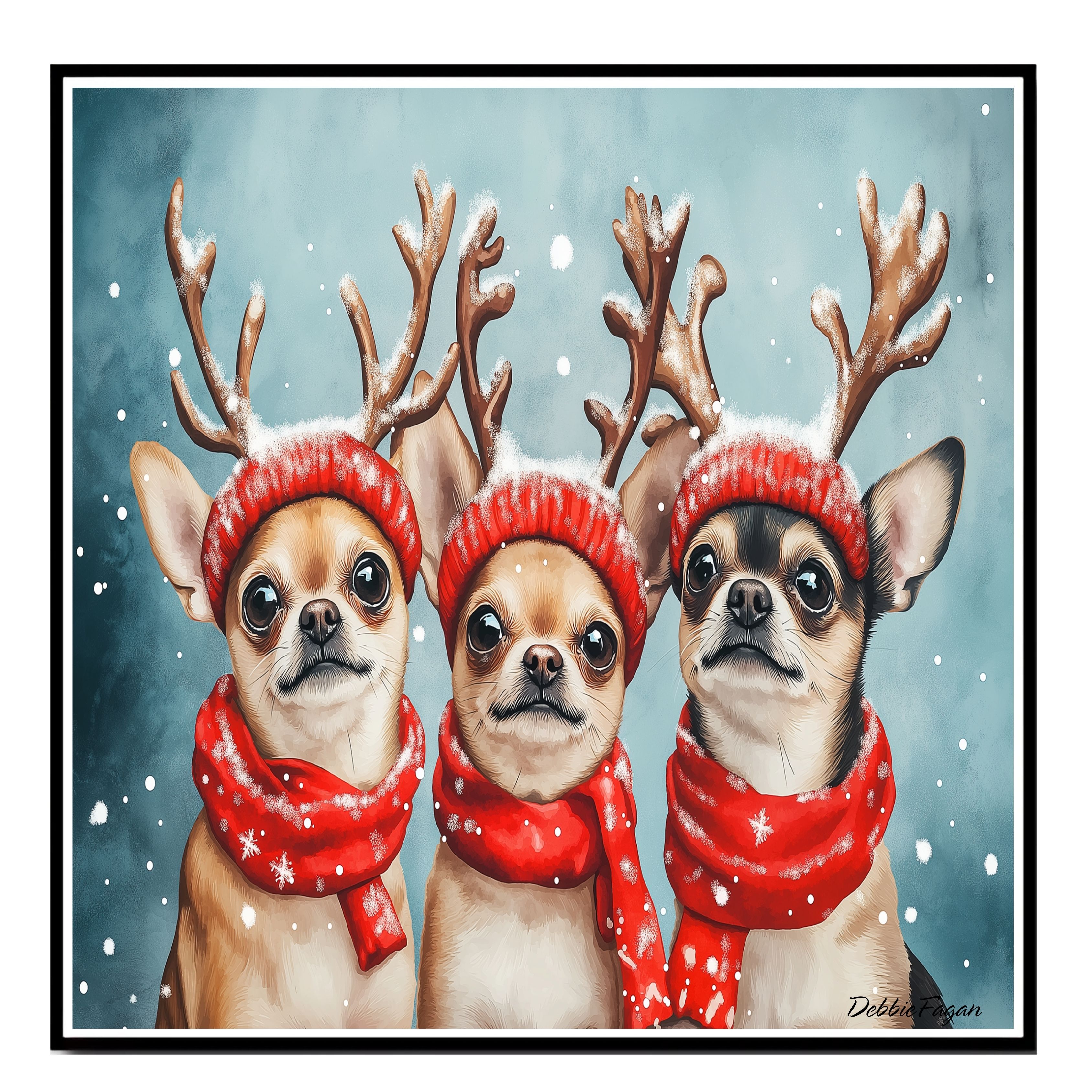 Charming Chihuahua Dogs in Antlers Flat Rolled, Framed or Wrapped Canvas