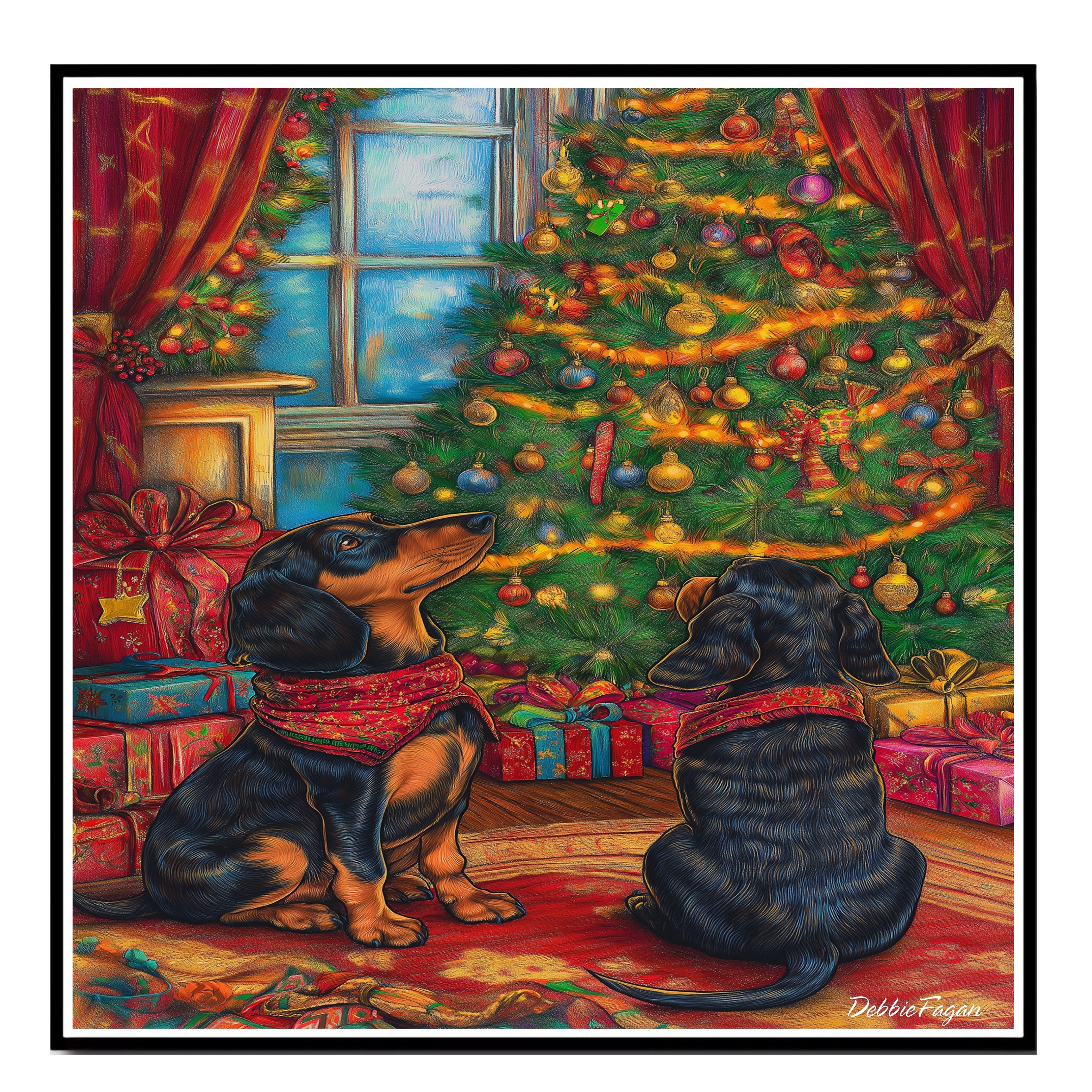 Dachshund Dogs by the Christmas Tree Flat Rolled, Framed or Wrapped Canvas