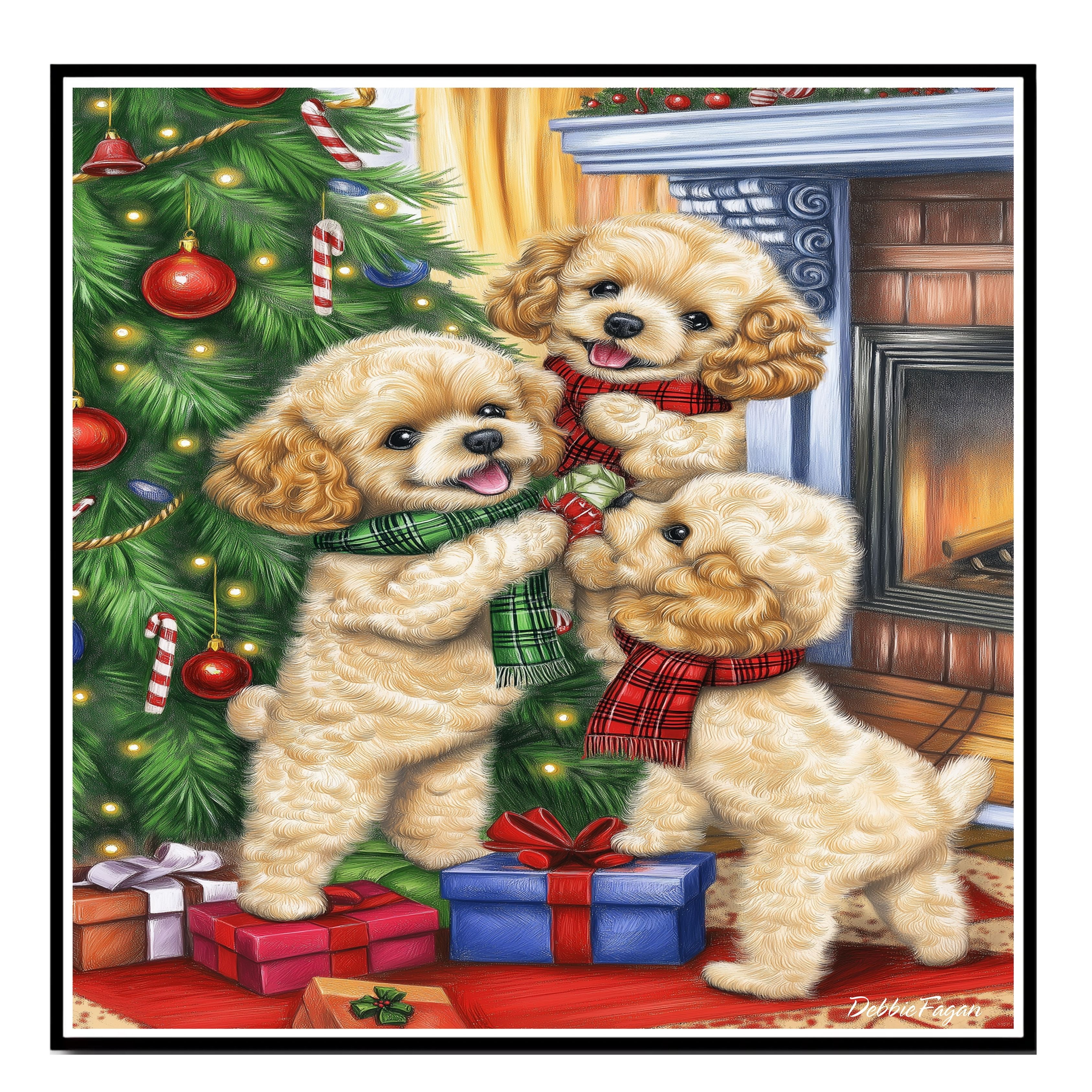 Poodle Dogs Playing by the Fireplace Flat Rolled, Framed or Wrapped Canvas