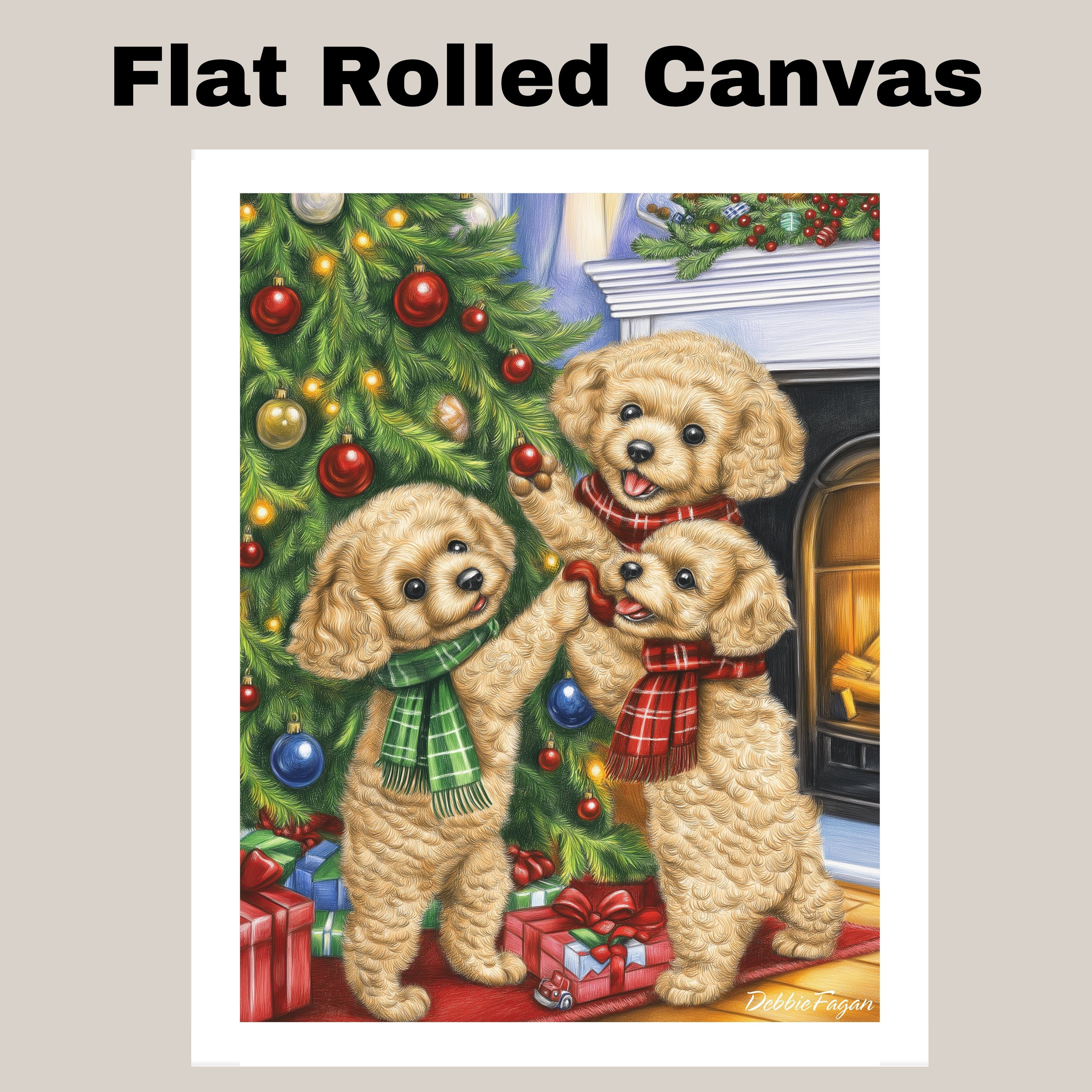 Adorable Poodle Puppies by the Fireplace Flat Rolled, Framed or Wrapped Canvas
