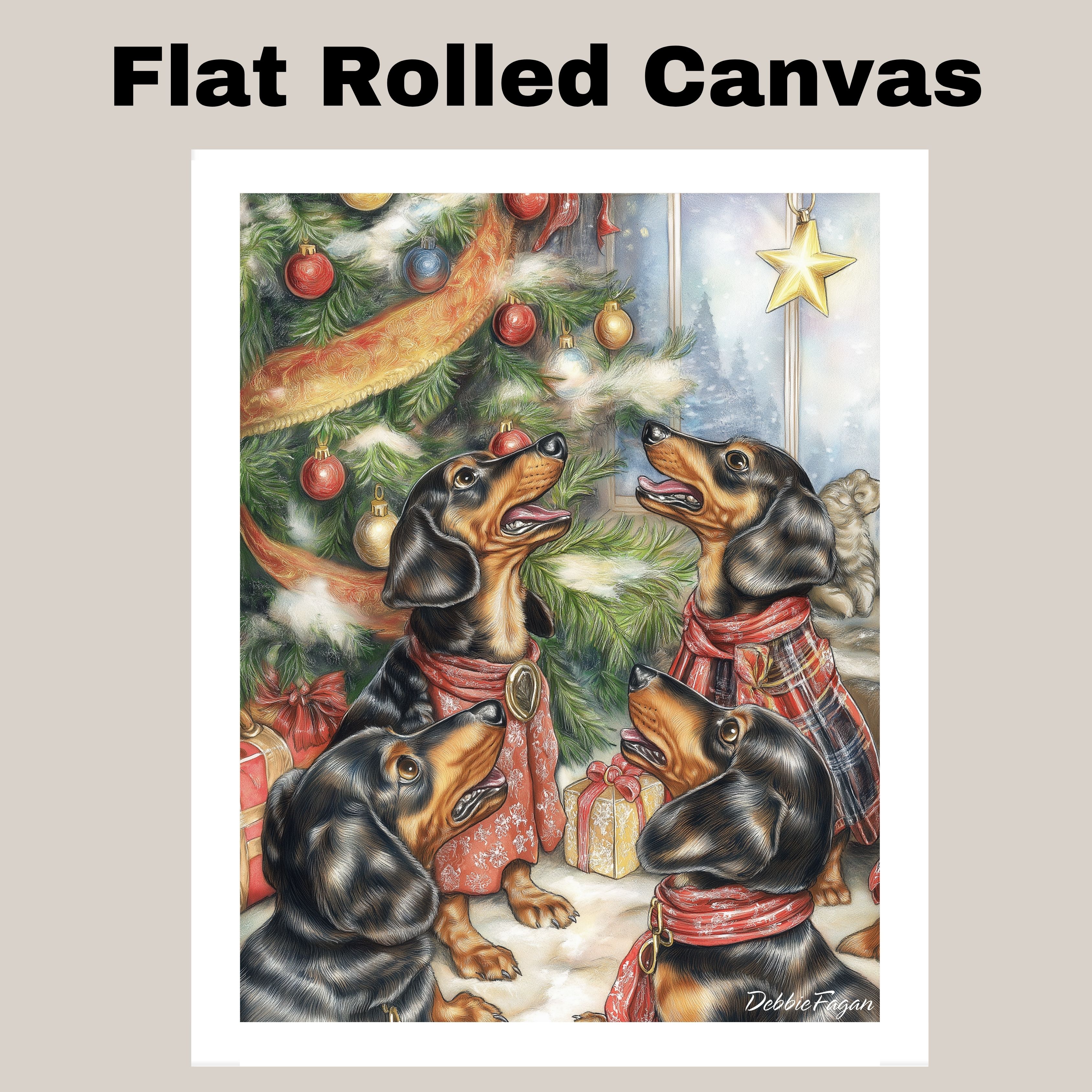 Cozy Wiener Dogs by the XMAS Tree Flat Rolled, Framed or Wrapped Canvas