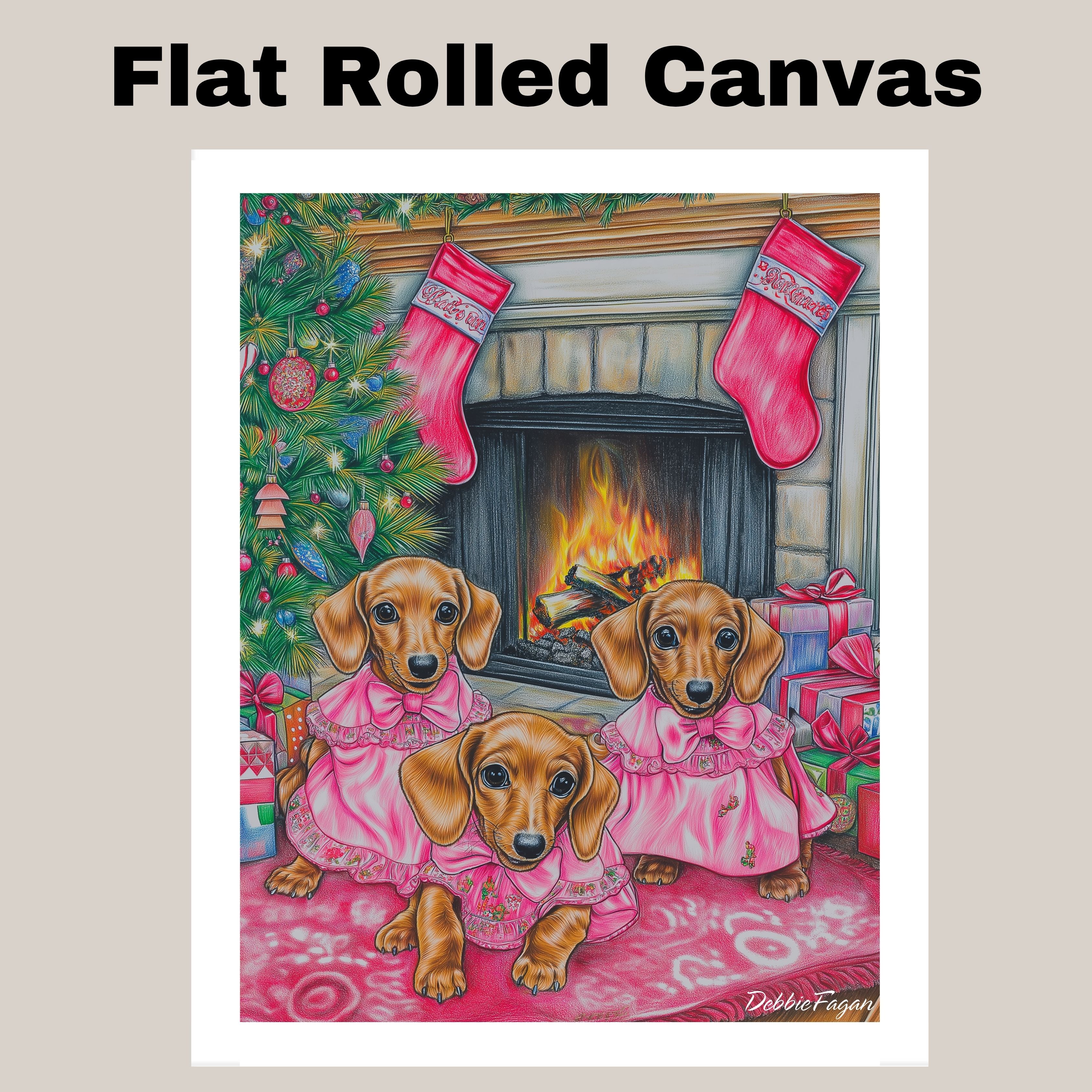 Cozy Doxie Dogs by the Fireplace Flat Rolled, Framed or Wrapped Canvas