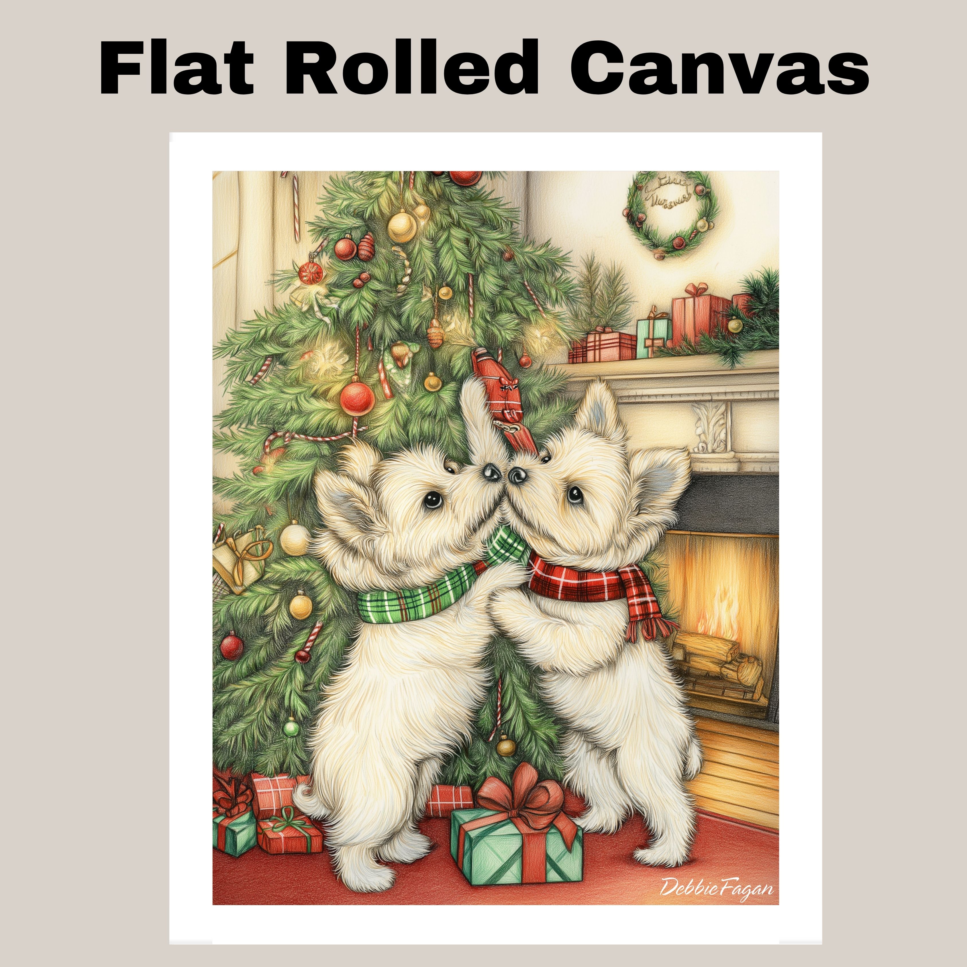 Westie Dogs by the Fireplace & Xmas Tree Flat Rolled, Framed or Wrapped Canvas