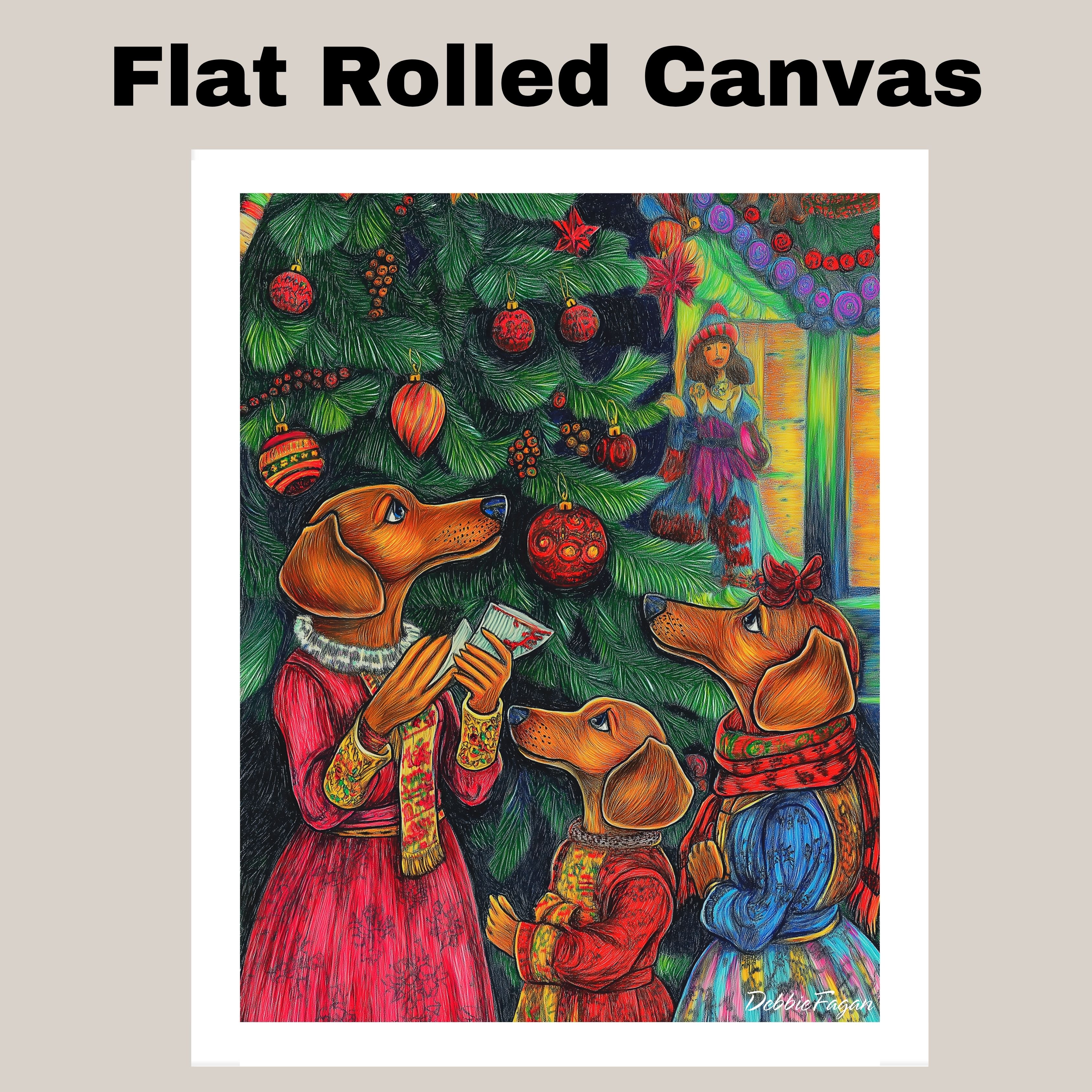 Whimsical Dachshund Dogs Christmas Flat Rolled, Framed or Wrapped Canvas