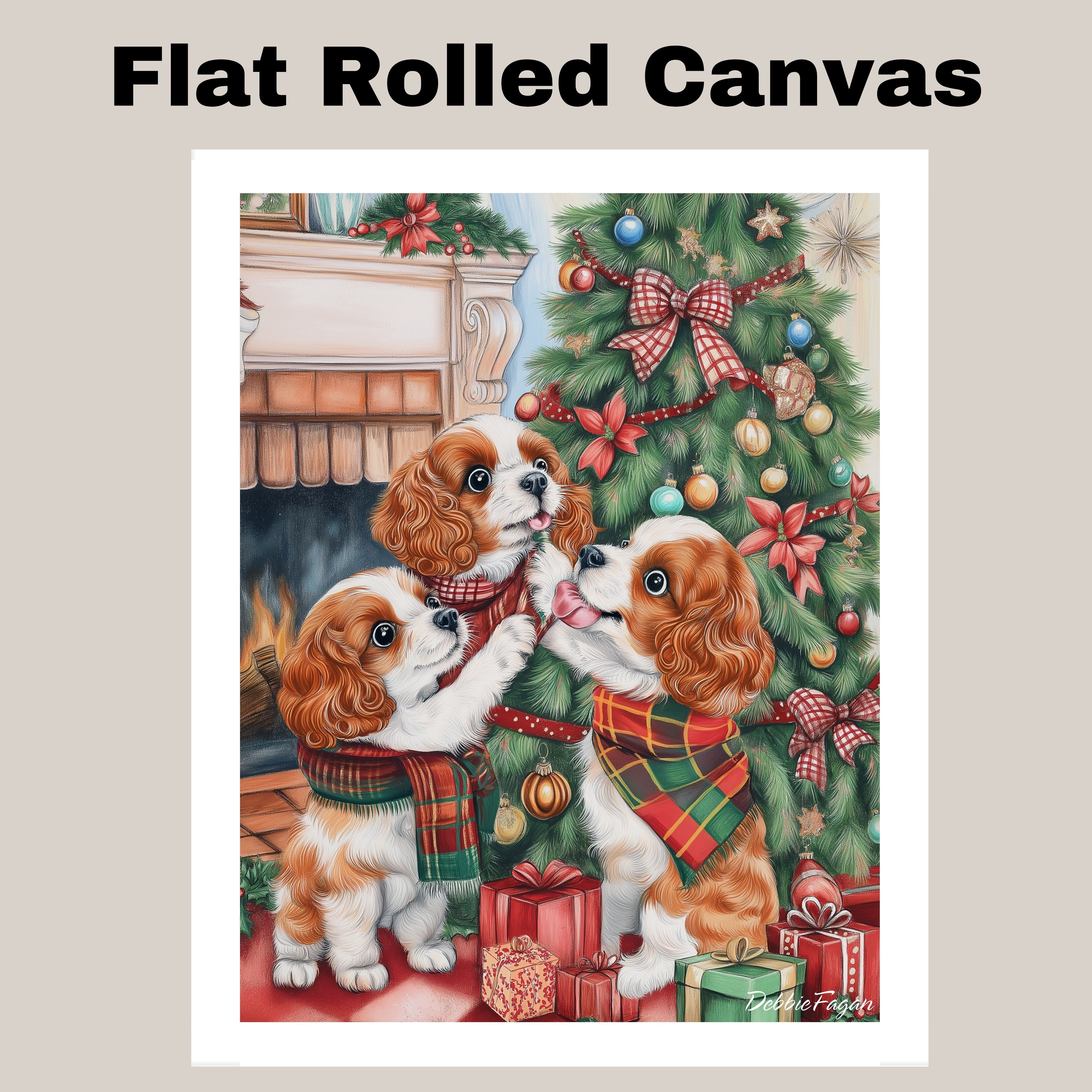Cute Cavalier Puppies by the Fireplace Flat Rolled, Framed or Wrapped Canvas
