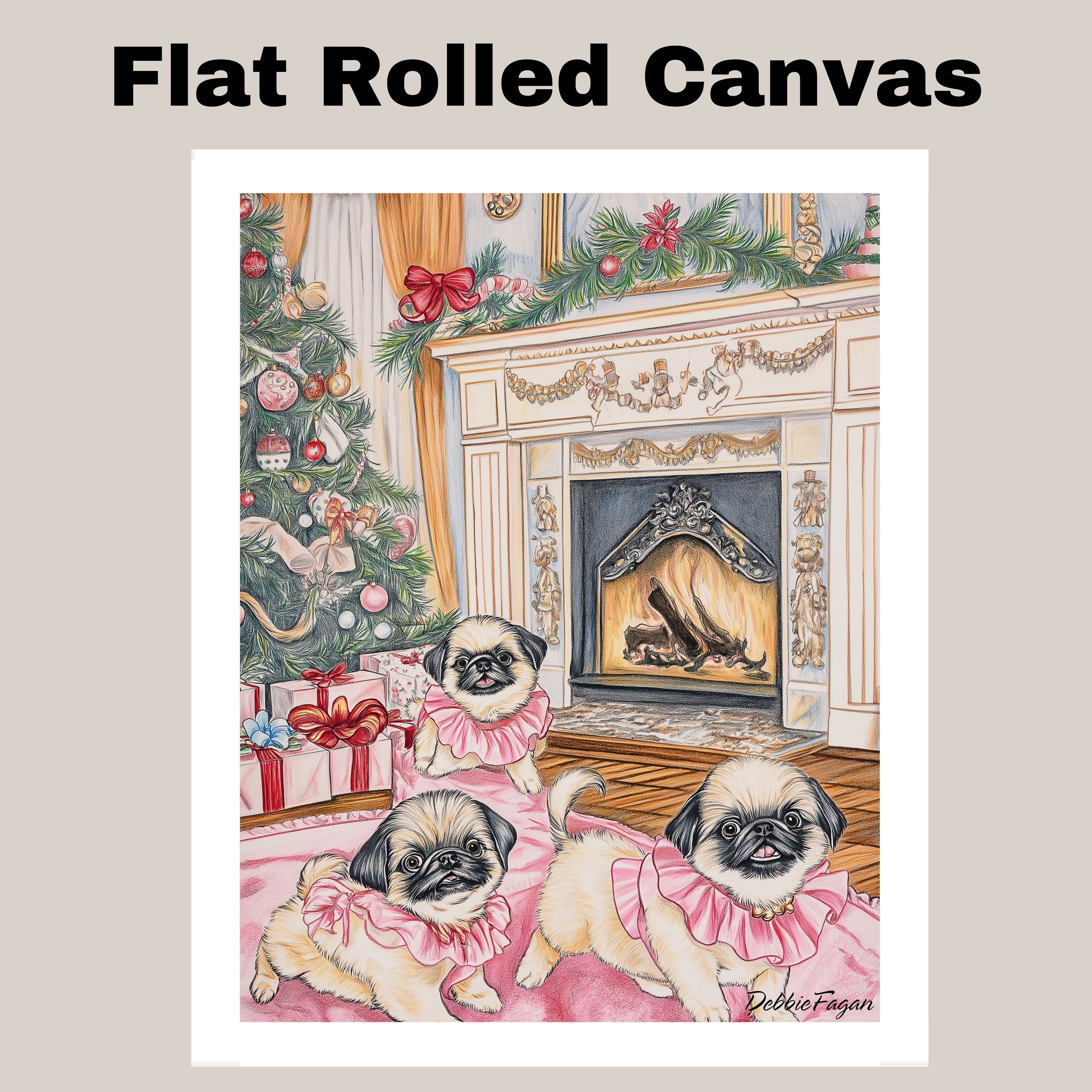 Cute Pug Puppies by the Fireplace Flat Rolled, Framed or Wrapped Canvas