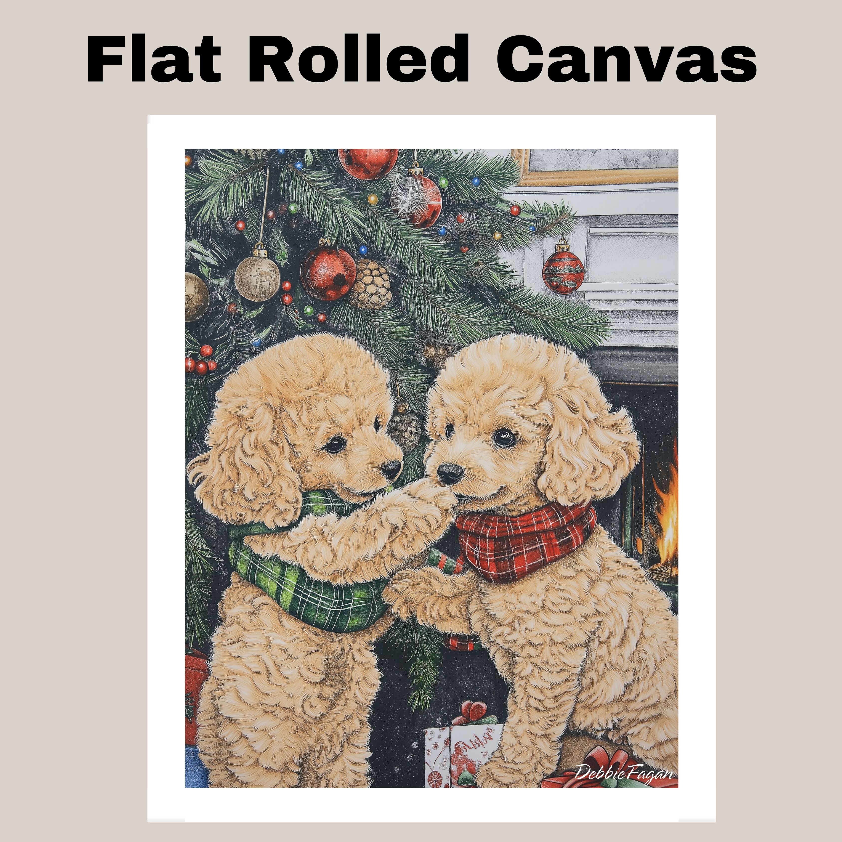 Poodle Dogs by the Xmas Tree & Fireplace Flat Rolled, Framed or Wrapped Canvas
