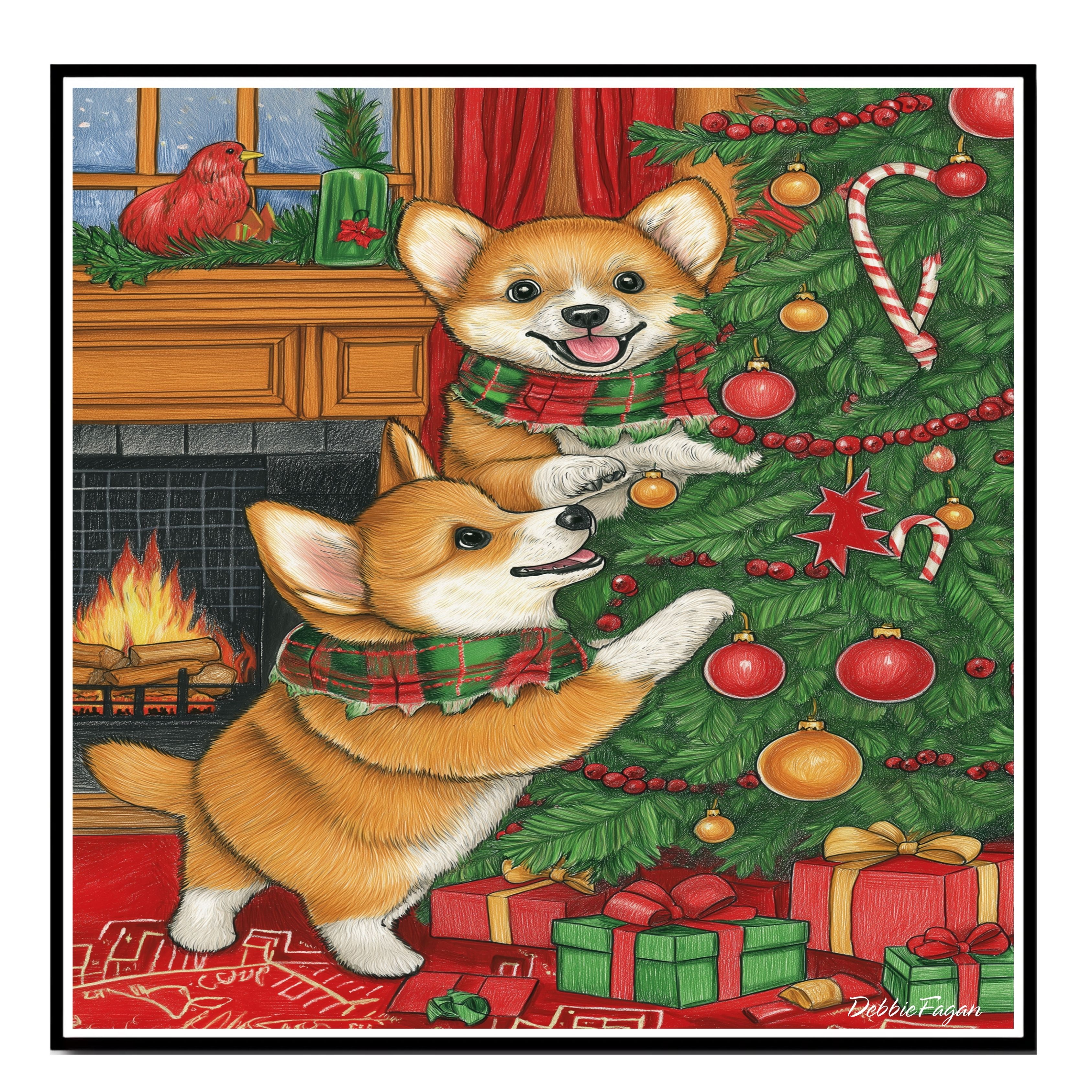 Corgi Dogs Playing by the Xmas Tree Flat Rolled, Framed or Wrapped Canvas