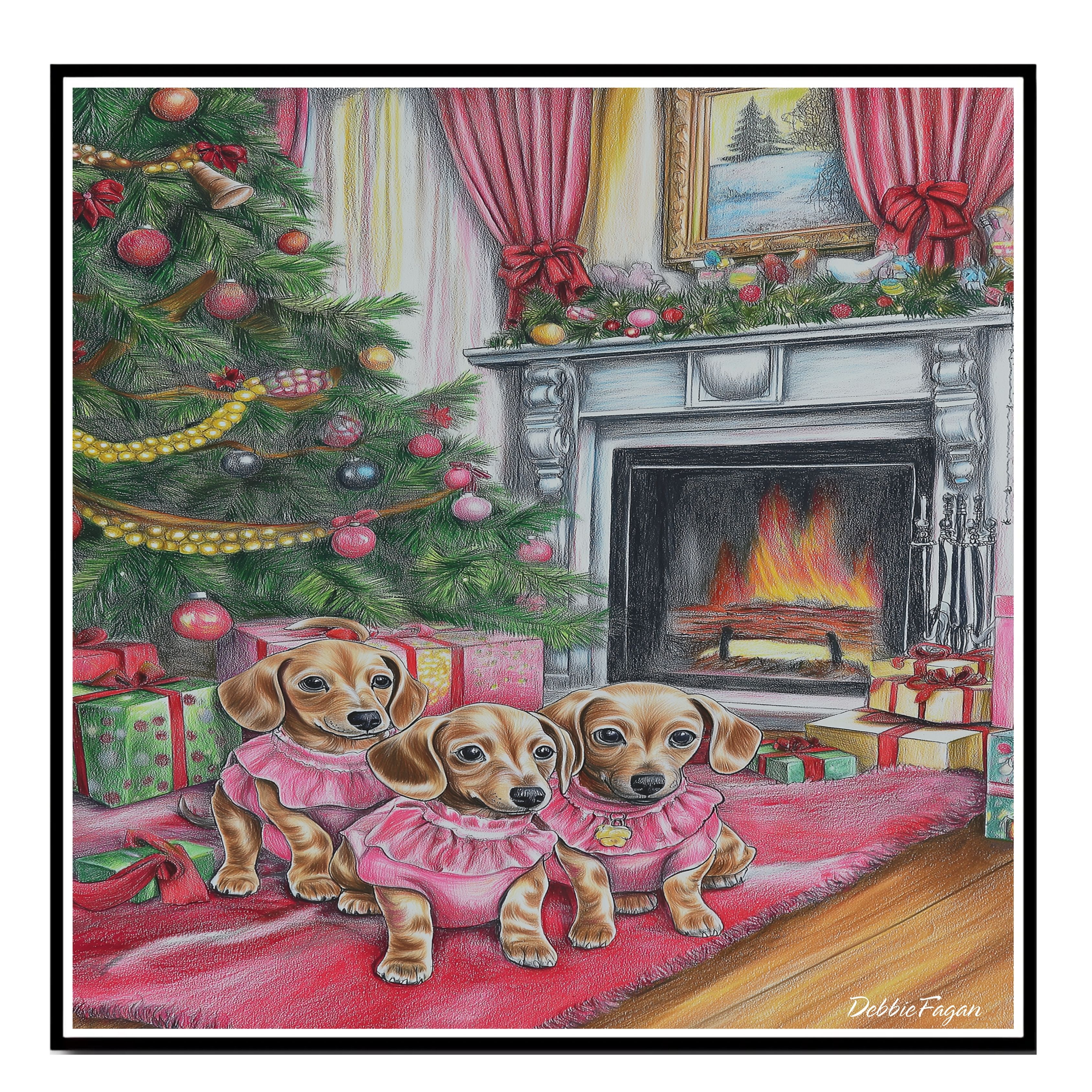 Doxie Dogs Sitting by the Fireplace Flat Rolled, Framed or Wrapped Canvas