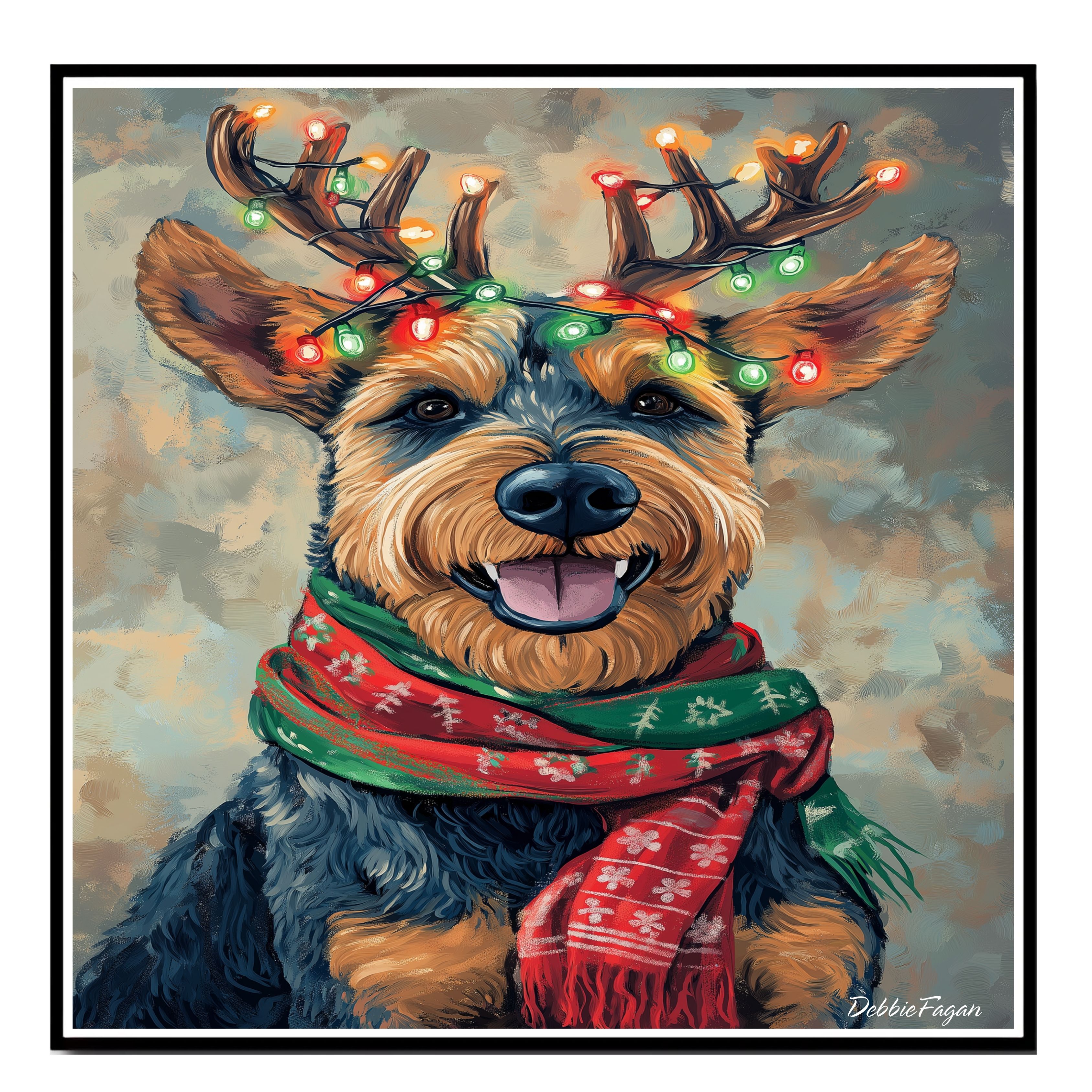 Airedale Dog in Scarf, Antlers & Lights Flat Rolled, Framed or Wrapped Canvas