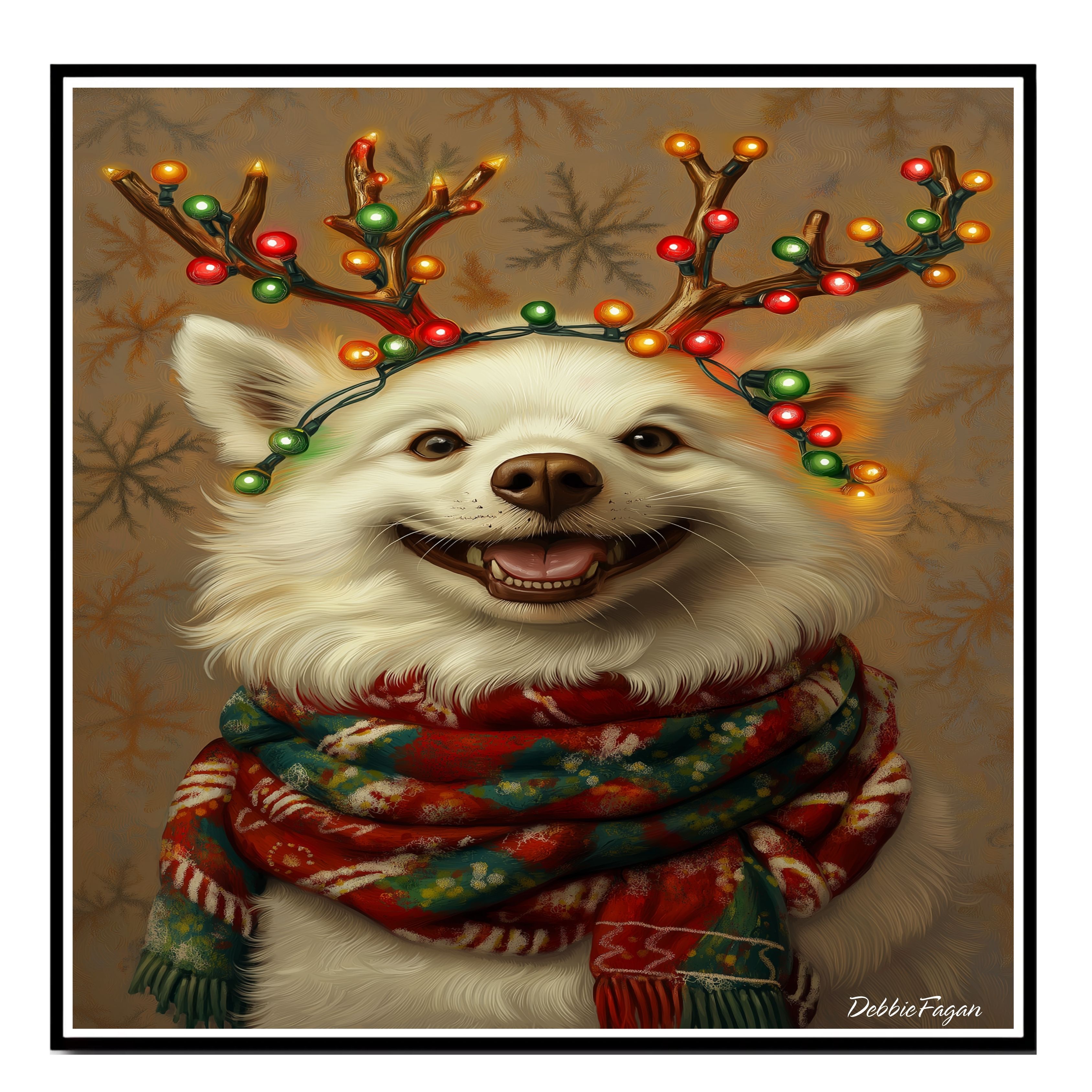 American Eskimo Dog in Scarf & Antlers Flat Rolled, Framed or Wrapped Canvas