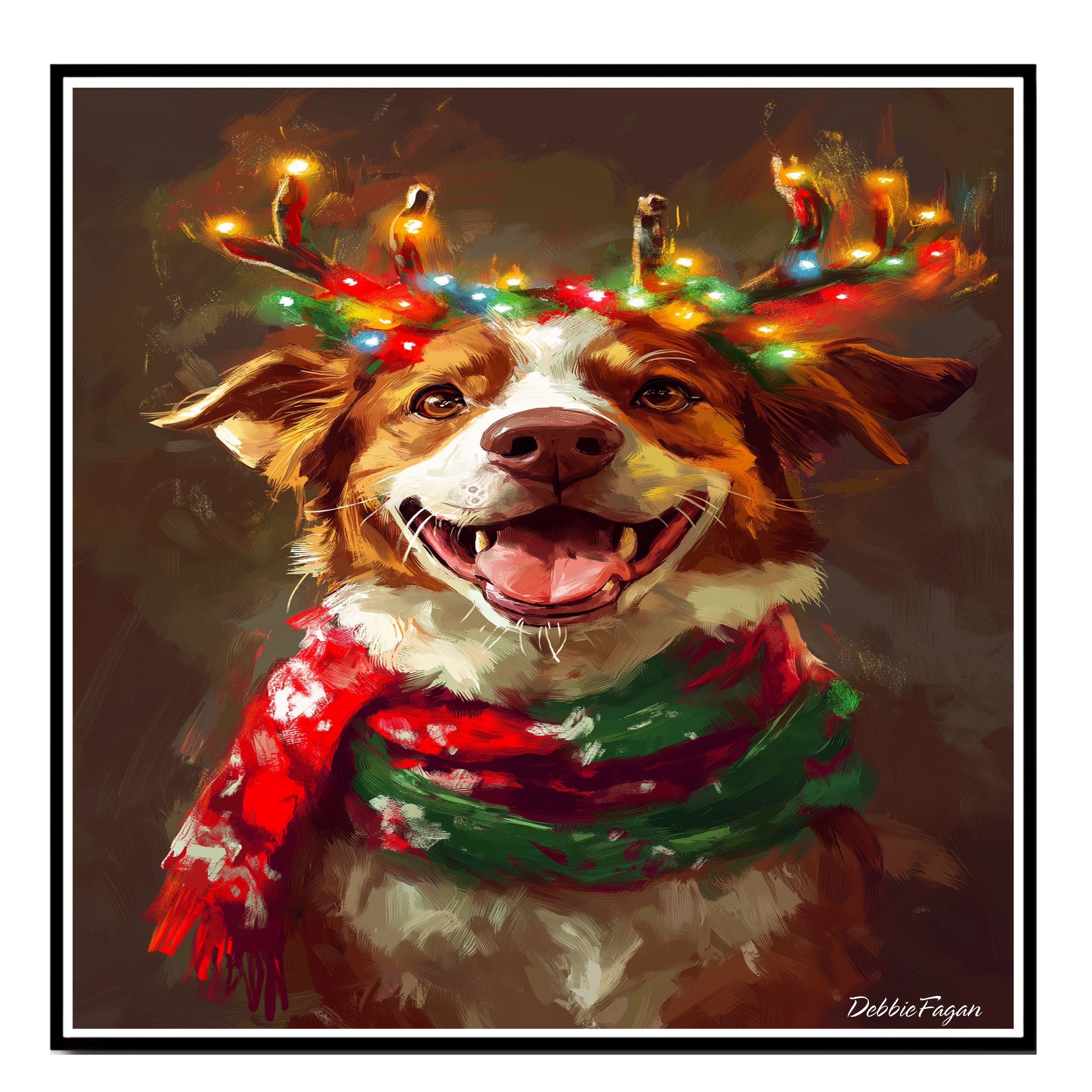 Aussie Dog in Scarf & Antlers Rustic Flat Rolled, Framed or Wrapped Canvas