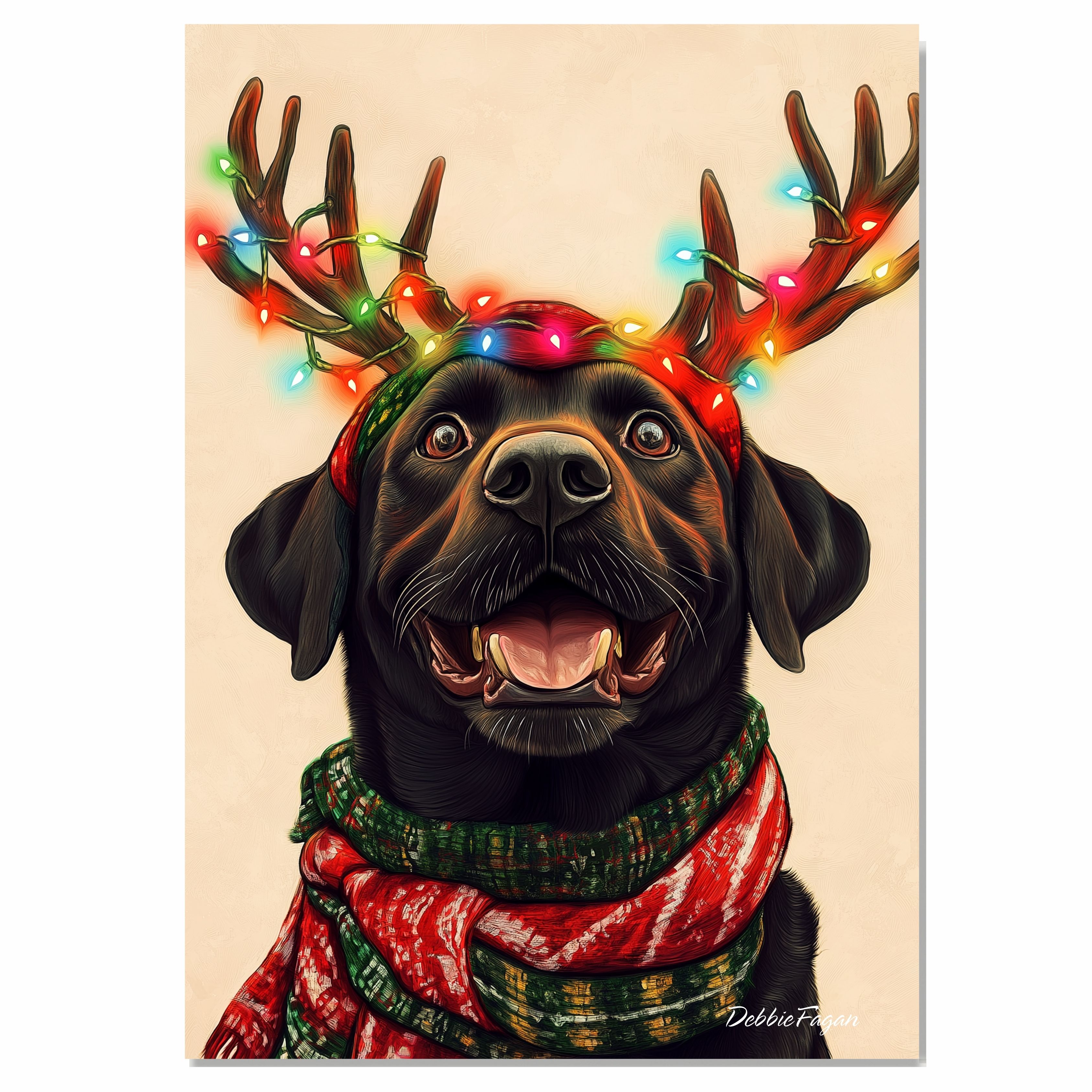 Black Labrador Dog w/ Scarf & Antlers Flat Rolled, Framed or Wrapped Canvas