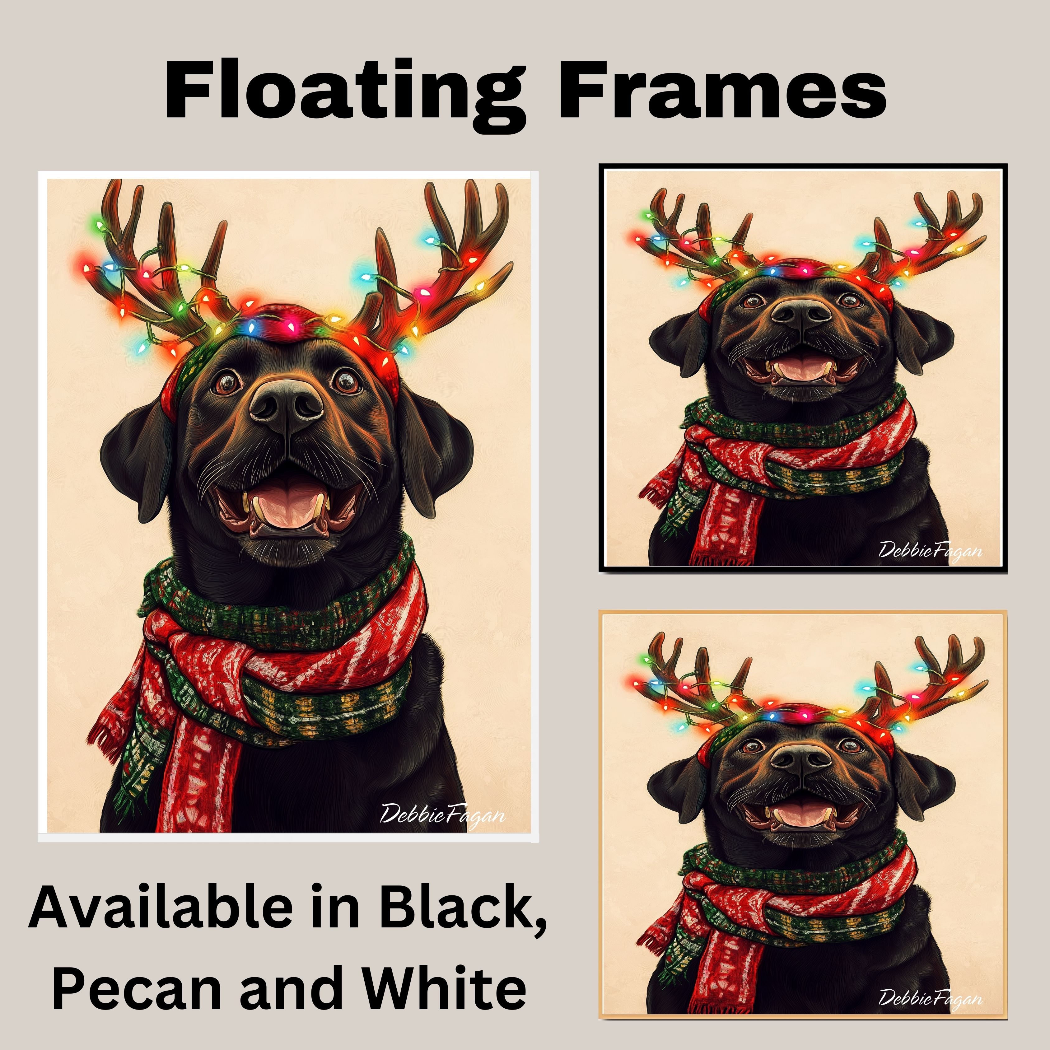 Black Labrador Dog w/ Scarf & Antlers Flat Rolled, Framed or Wrapped Canvas