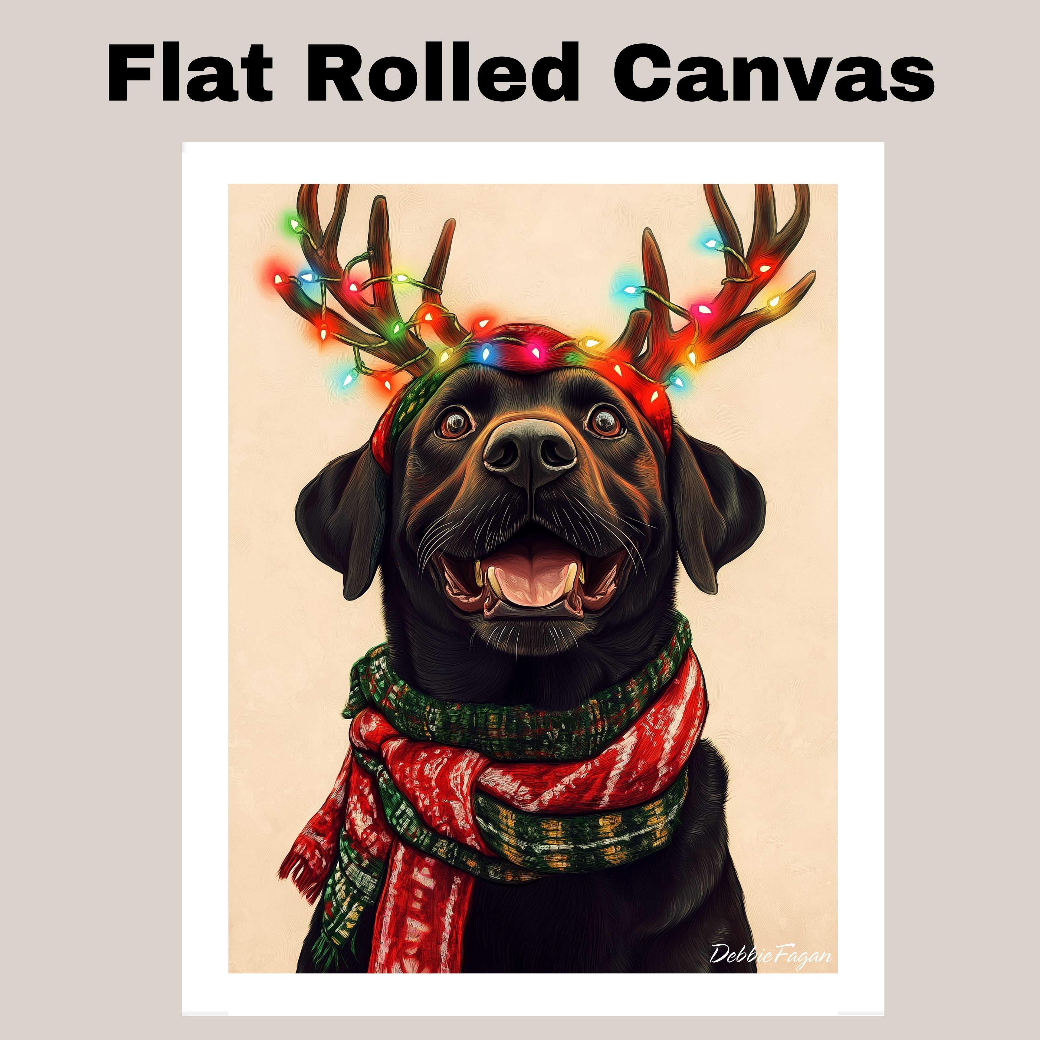 Black Labrador Dog w/ Scarf & Antlers Flat Rolled, Framed or Wrapped Canvas