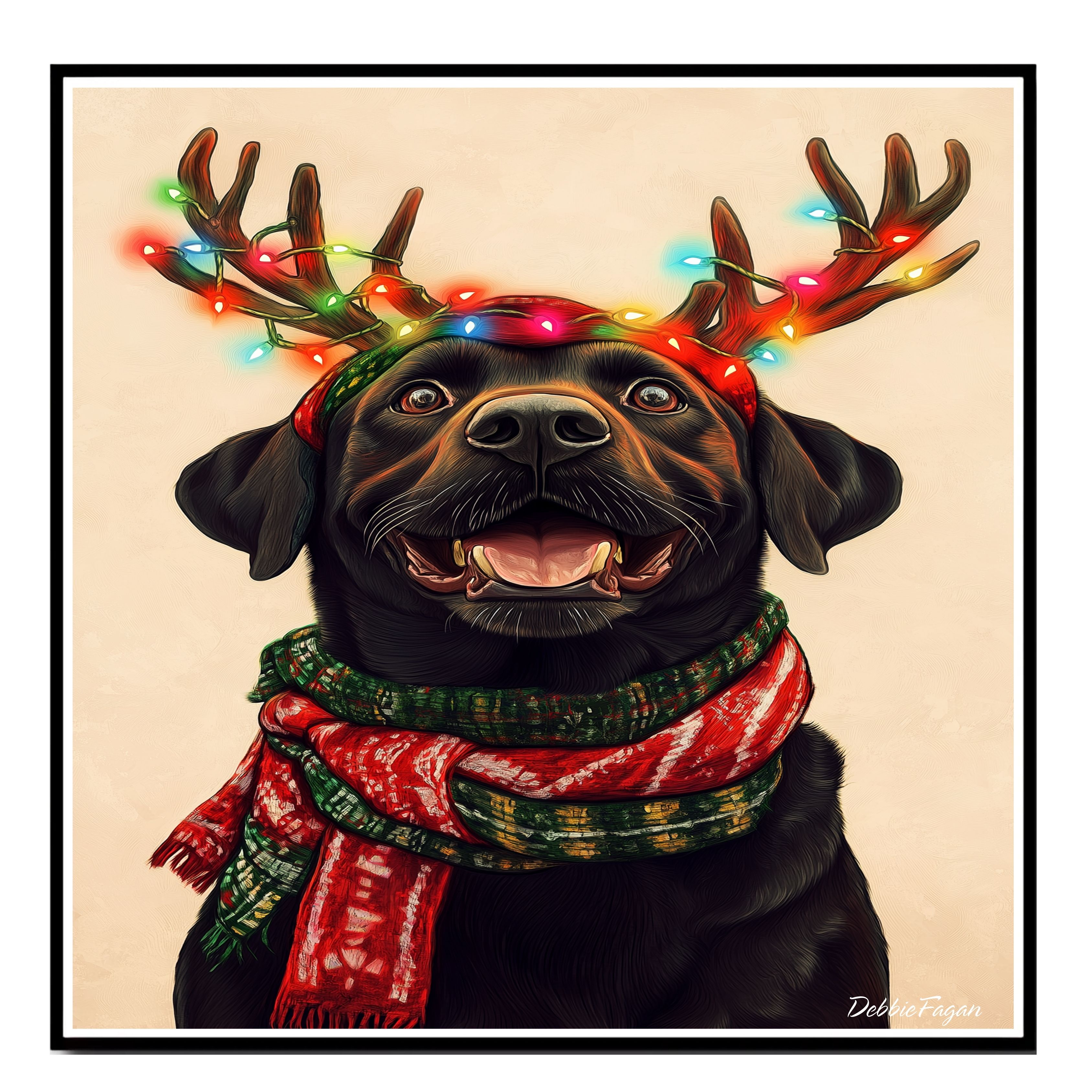 Black Labrador Dog w/ Scarf & Antlers Flat Rolled, Framed or Wrapped Canvas