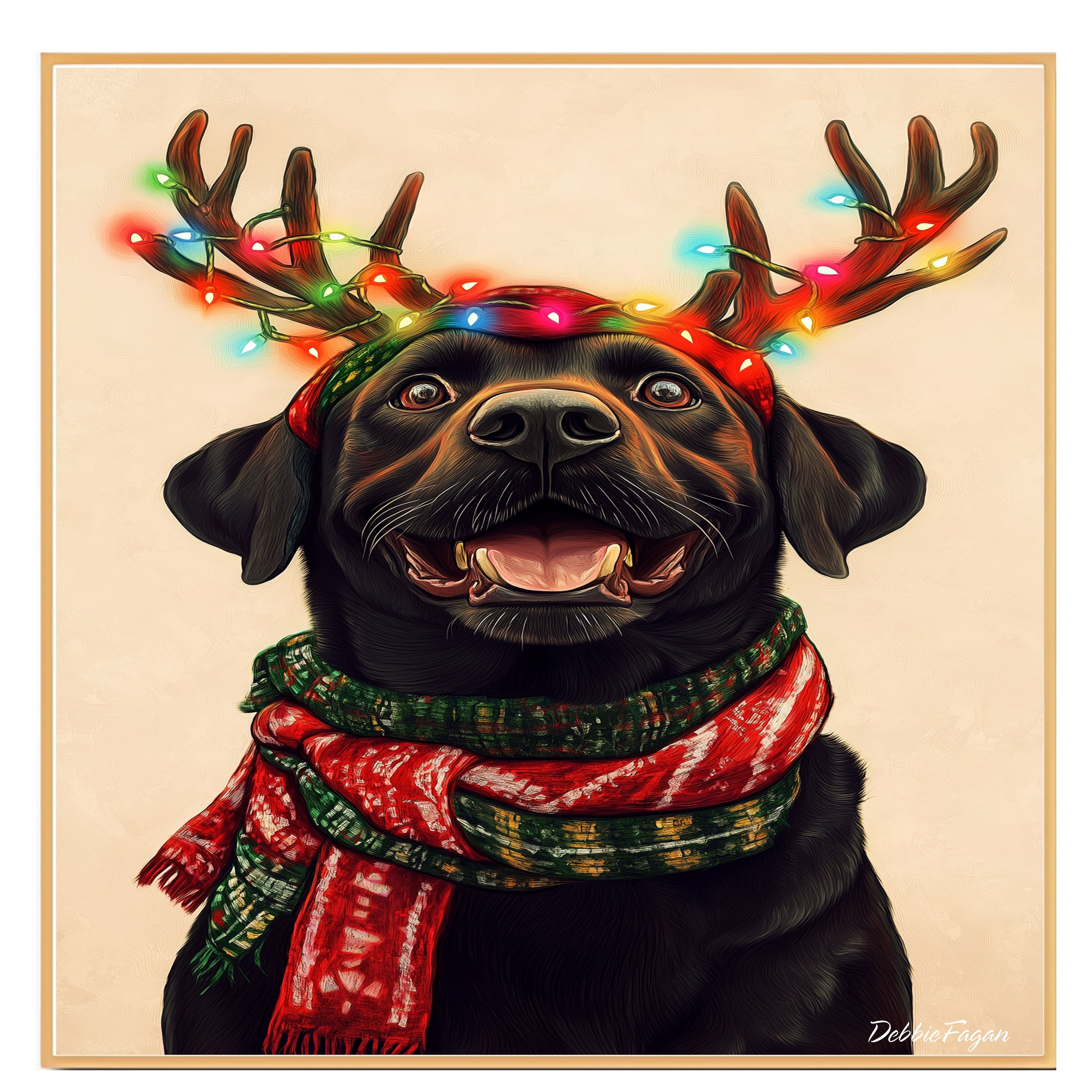 Black Labrador Dog w/ Scarf & Antlers Flat Rolled, Framed or Wrapped Canvas