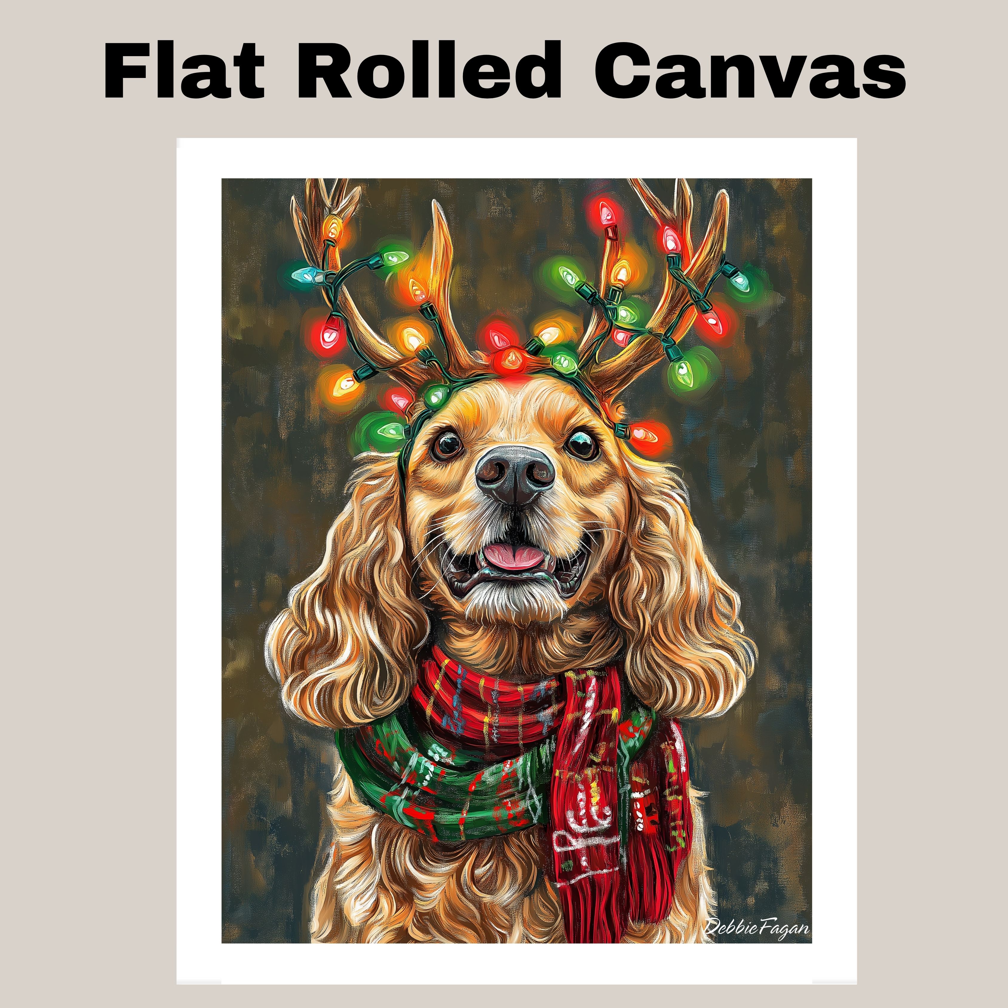 Cocker Spaniel Dog w/ Scarf & Antlers Flat Rolled, Framed or Wrapped Canvas